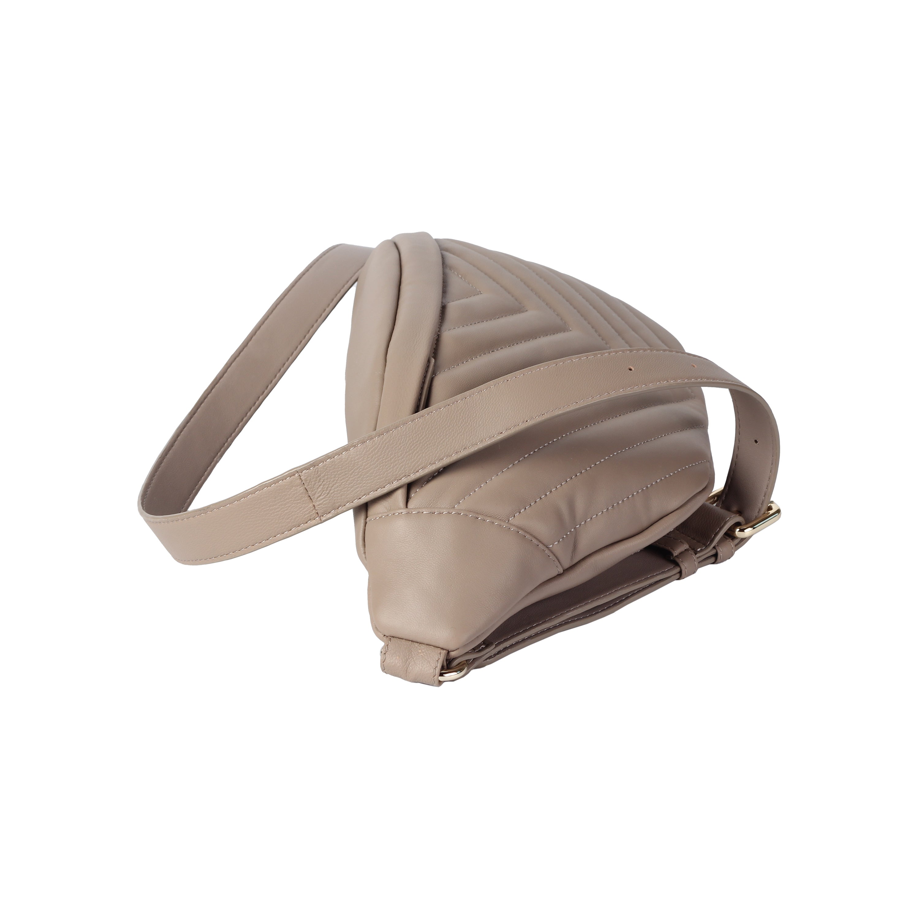 Side view of taupe soft lambskin waist bag with adjustable belt strap