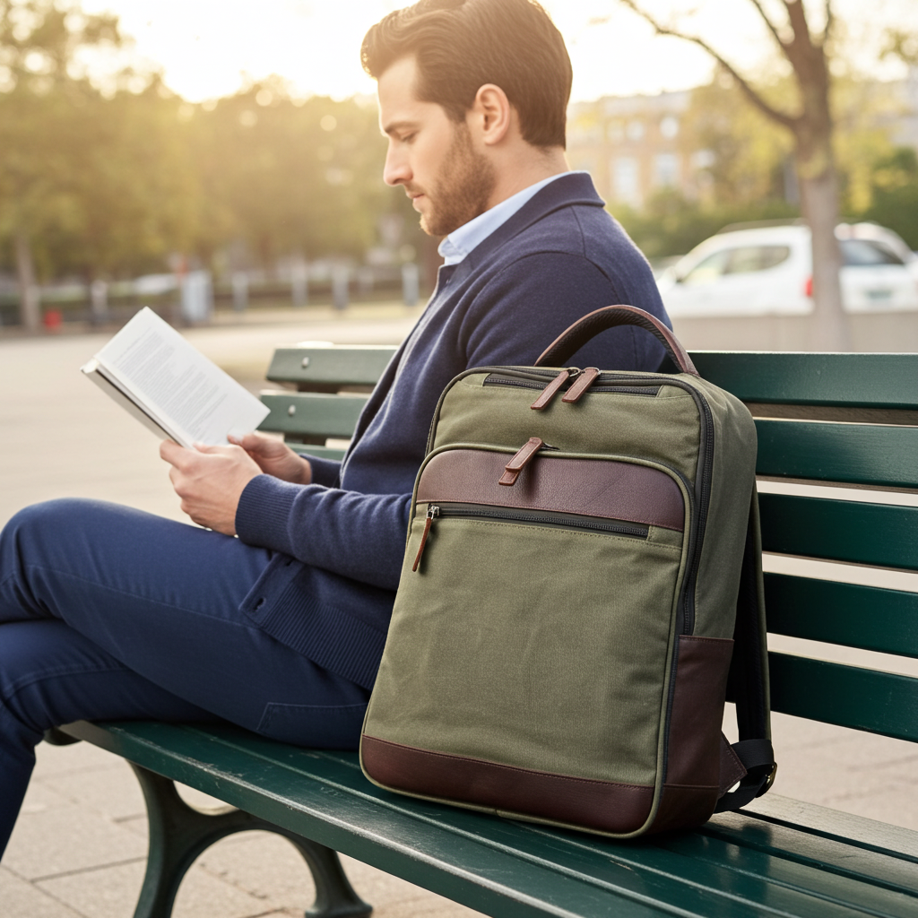 Man sitting on a bench reading a book with a green backpack next to him.