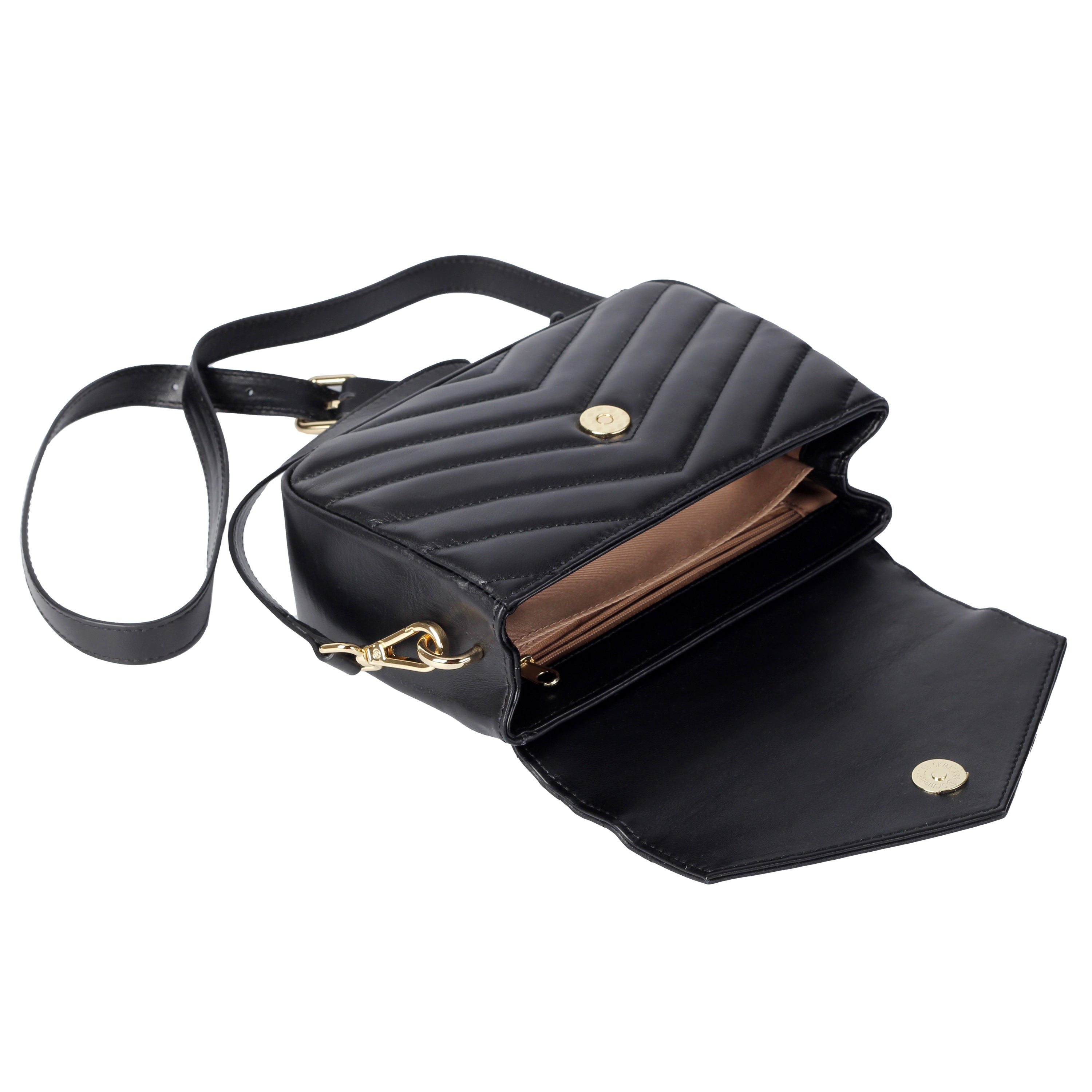 Interior view of taupe mini lambskin crossbody bag with center divider