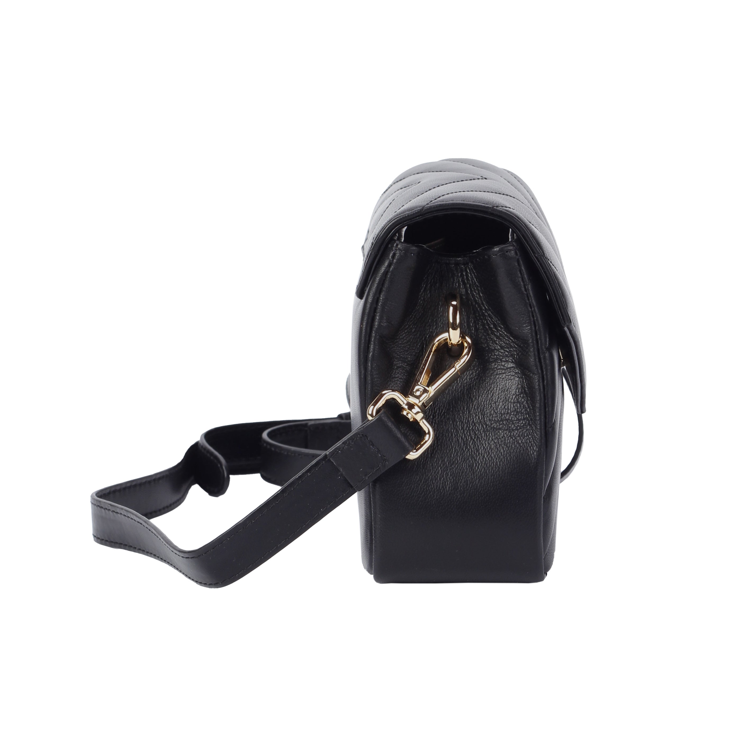 Side view of black mini lambskin flap shoulder bag with adjustable strap