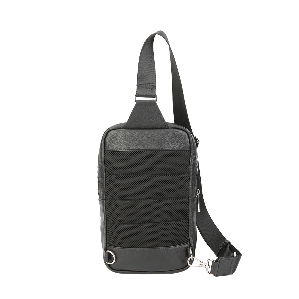 Black sling bag with a strap on a white background