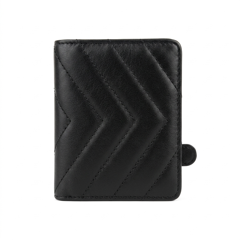 An ivory lambskin leather wallet with a quilted pattern