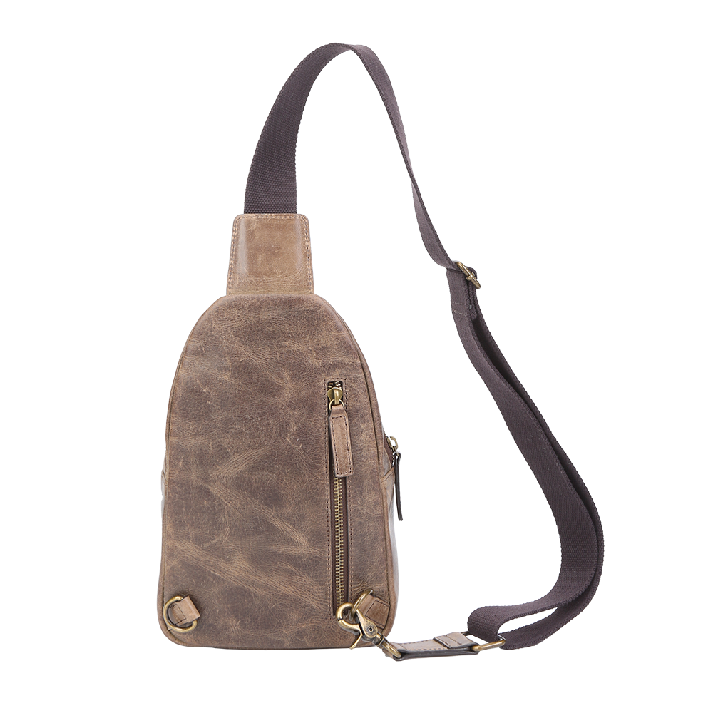 Second Back view of Crazy Horse leather sling bag showing rear zipper pocket.