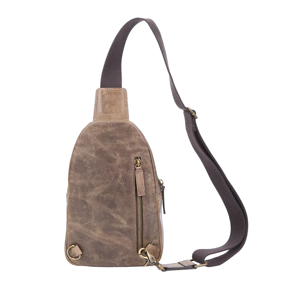 Crazy Horse Leather Sling Bag Small Version – Brown Full-Grain Crossbody for Men Gifts brown leather crossbody crazy horse leather sling bag distressed leather sling genuine cowhide bag men’s leather chest bag Miami Leathers New Arrivals rustic leather bag Sling Bag small sling bag travel sling pack vintage leather sling