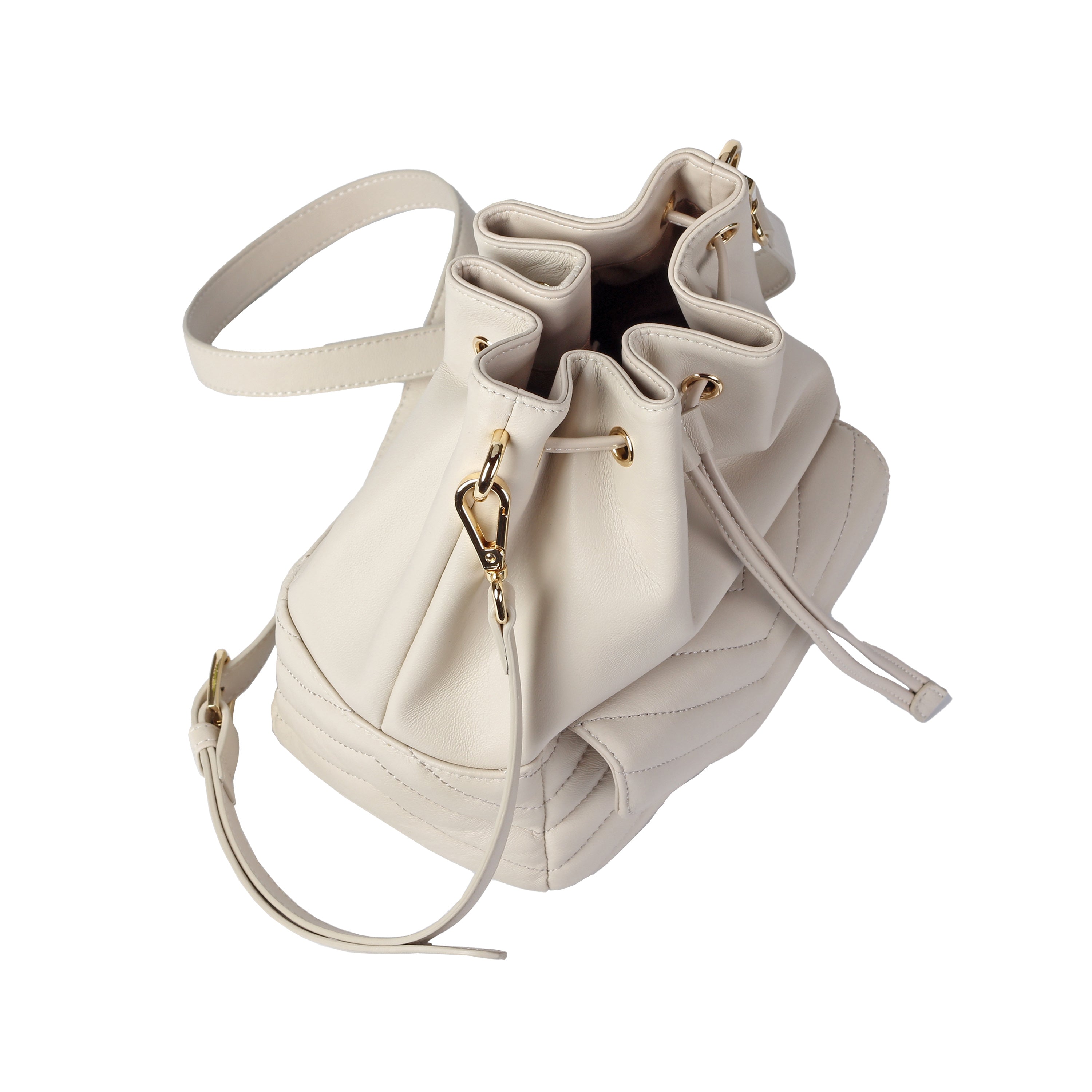 Ivory lambskin bucket bag with drawstring and soft leather texture