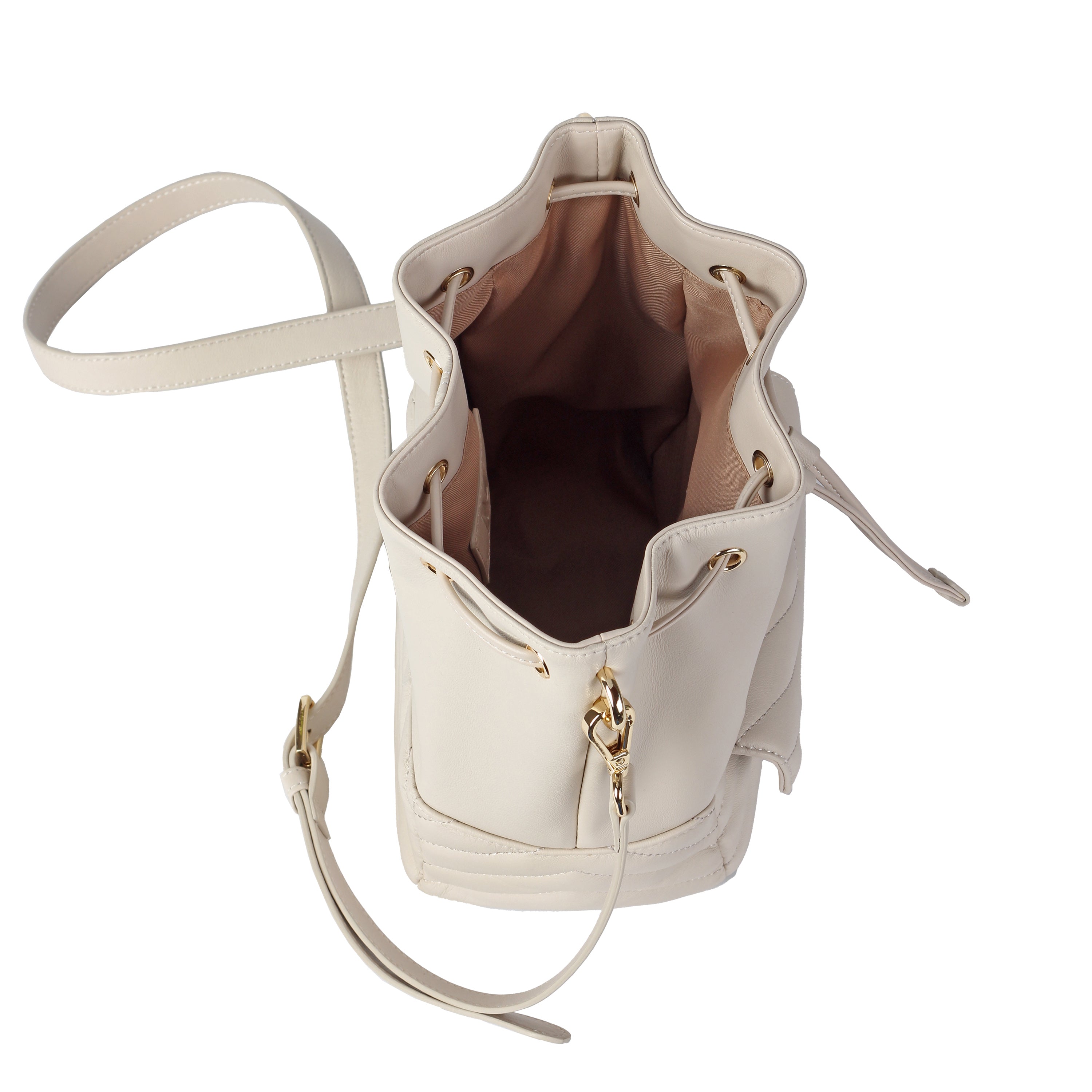 Ivory lambskin bucket bag with drawstring and soft leather texture