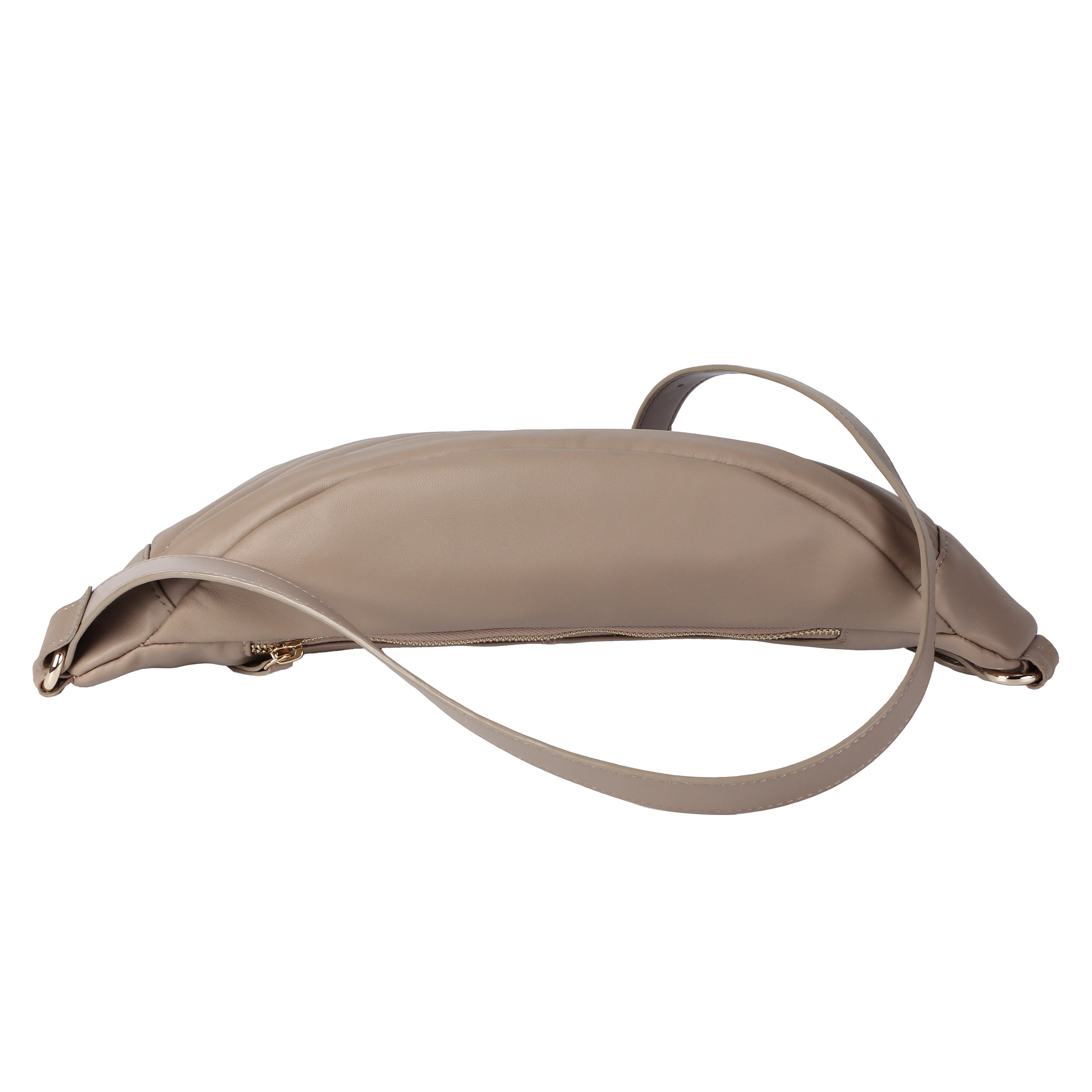 Top view of ivory lambskin waist bag with two zipper compartments.