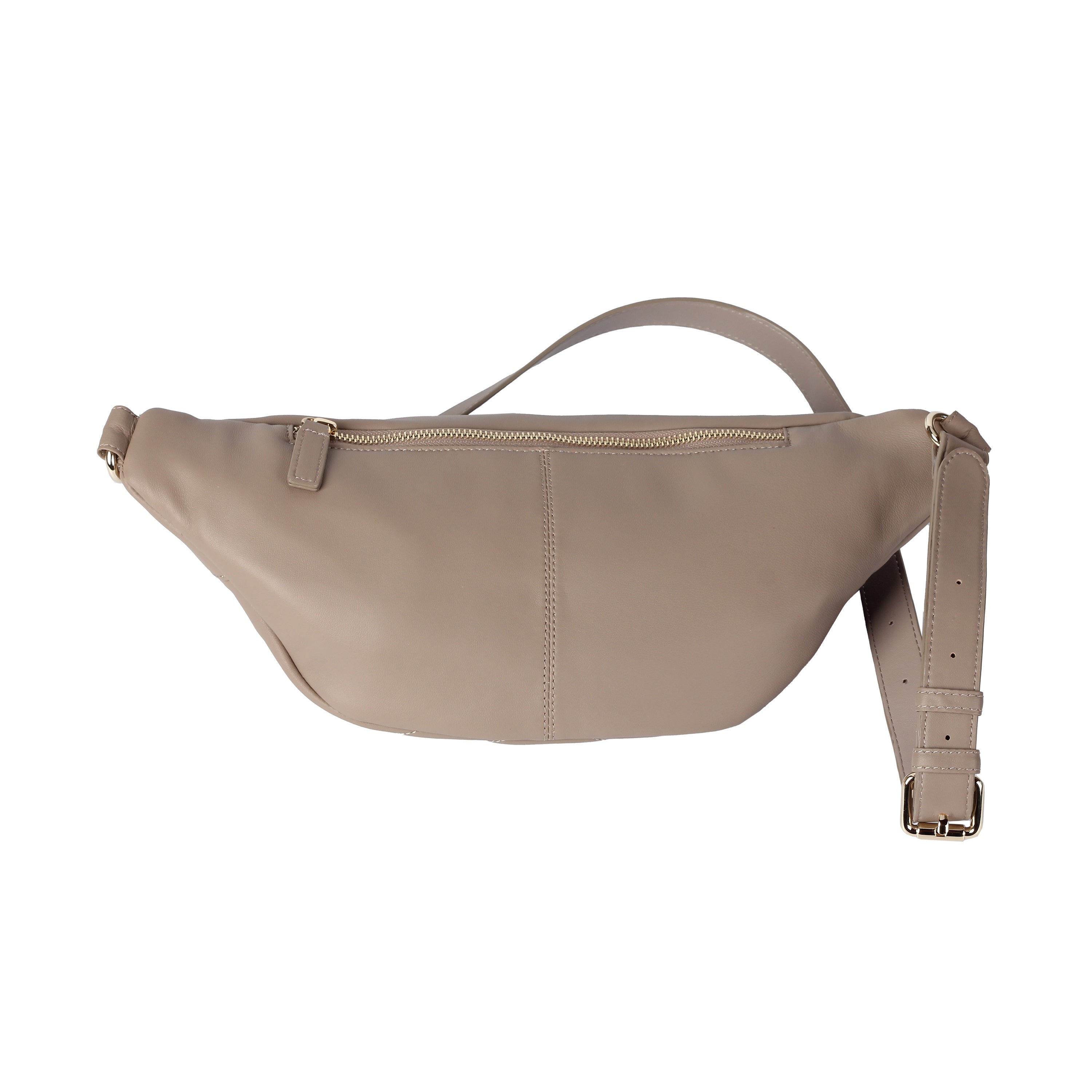 back view of ivory lambskin waist bag with two zipper compartments.