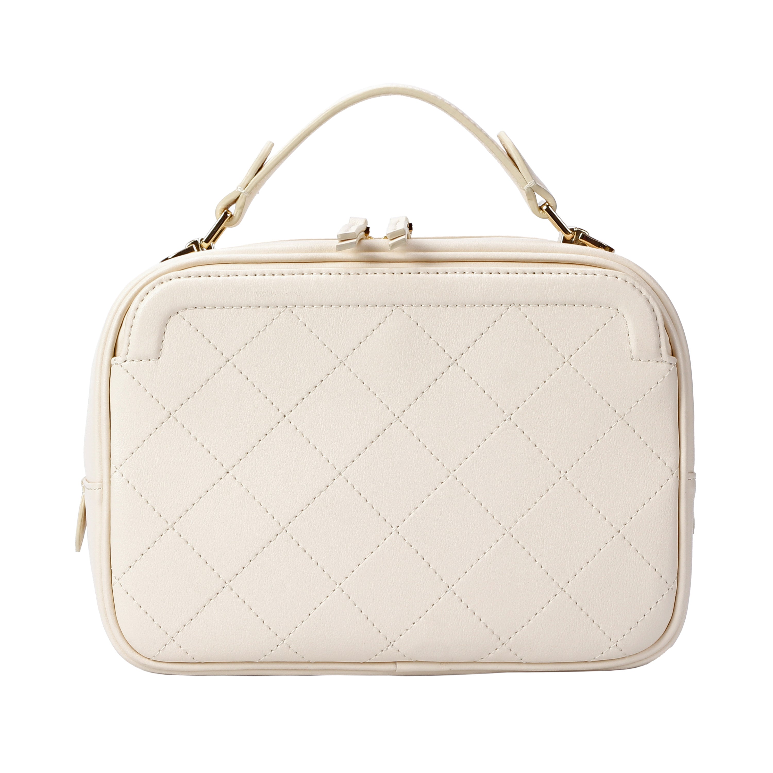 Back view of ivory quilted leather handbag with structured shape