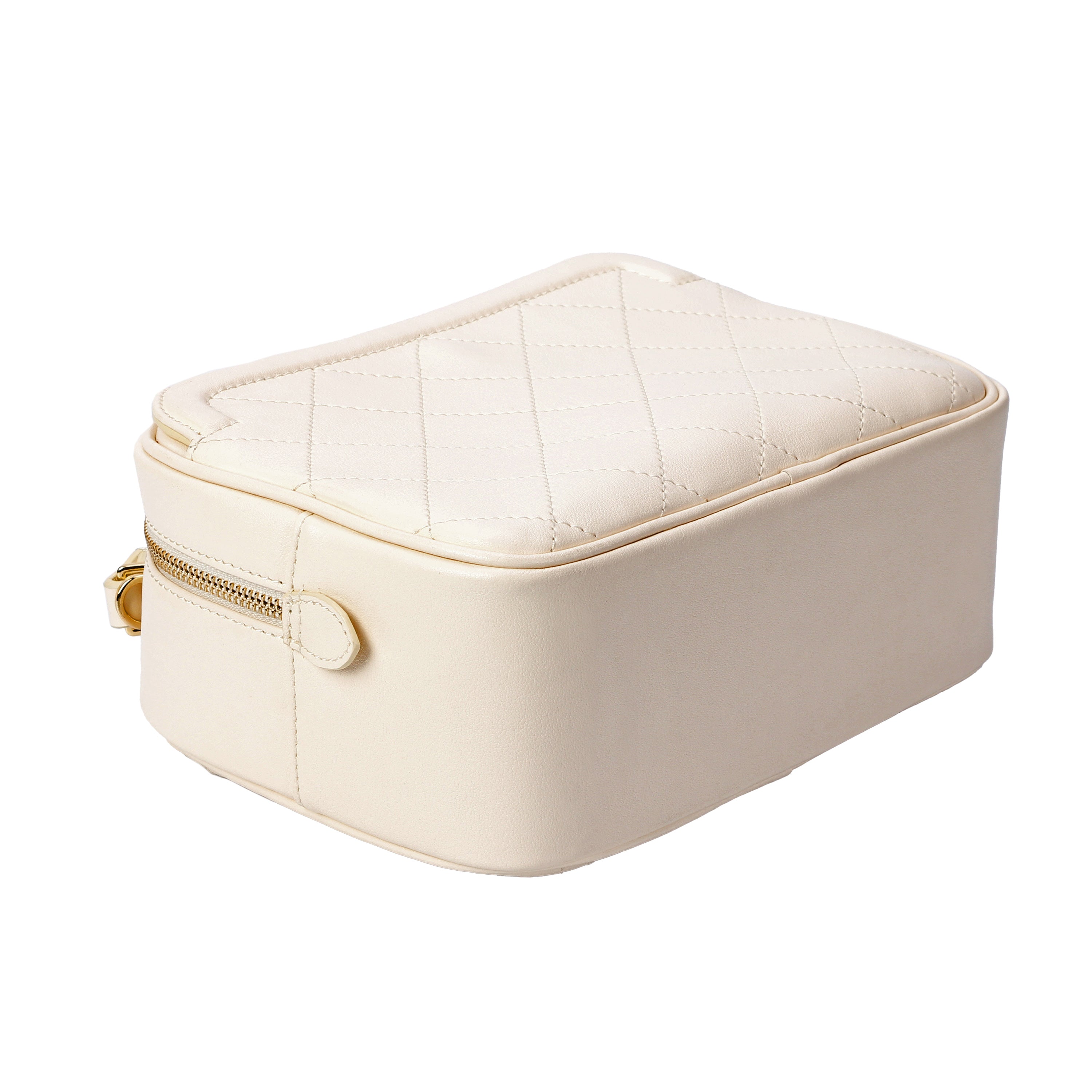 Bottom view showing zipper closure and gold handle details