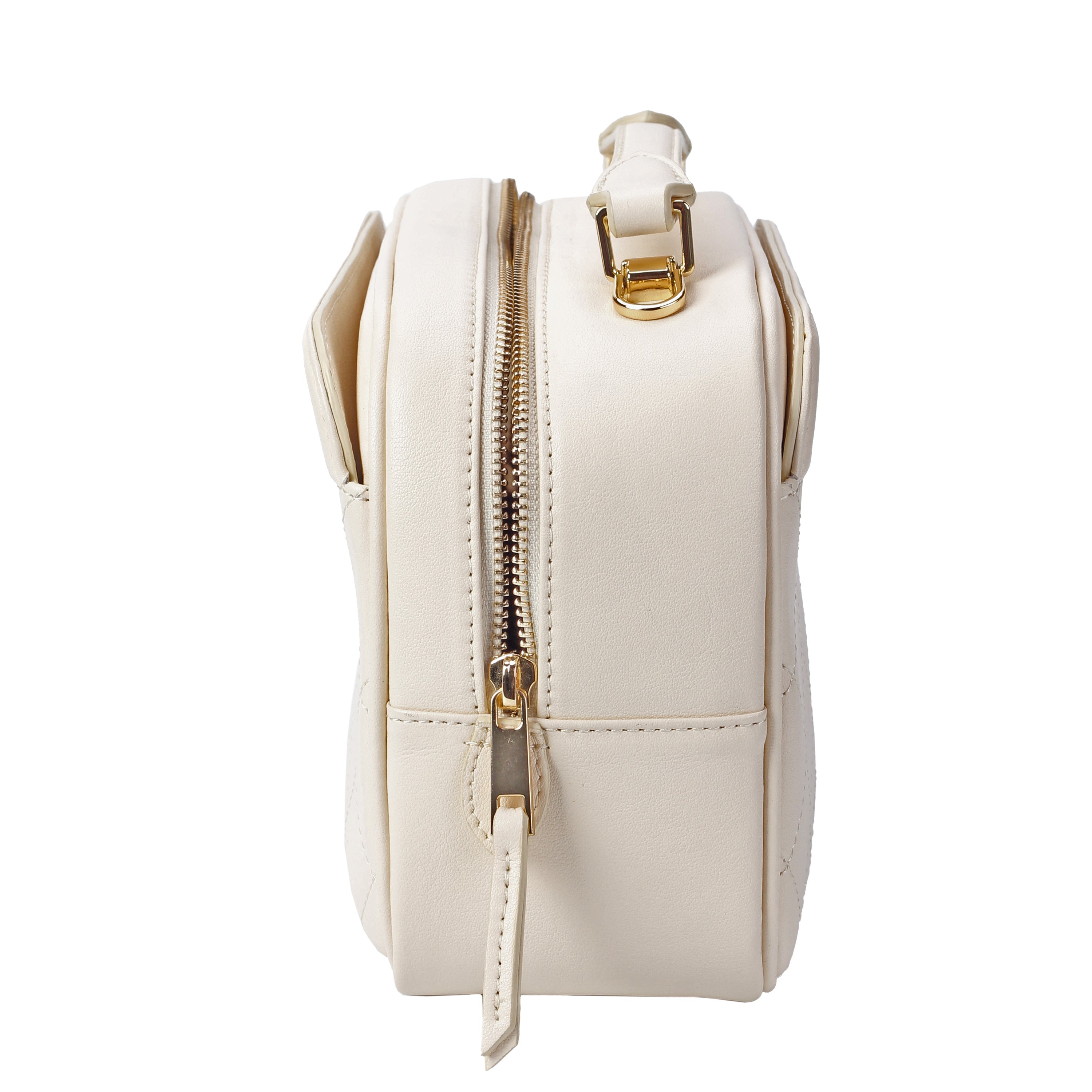 Interior view of ivory camera bag with pockets and compartments