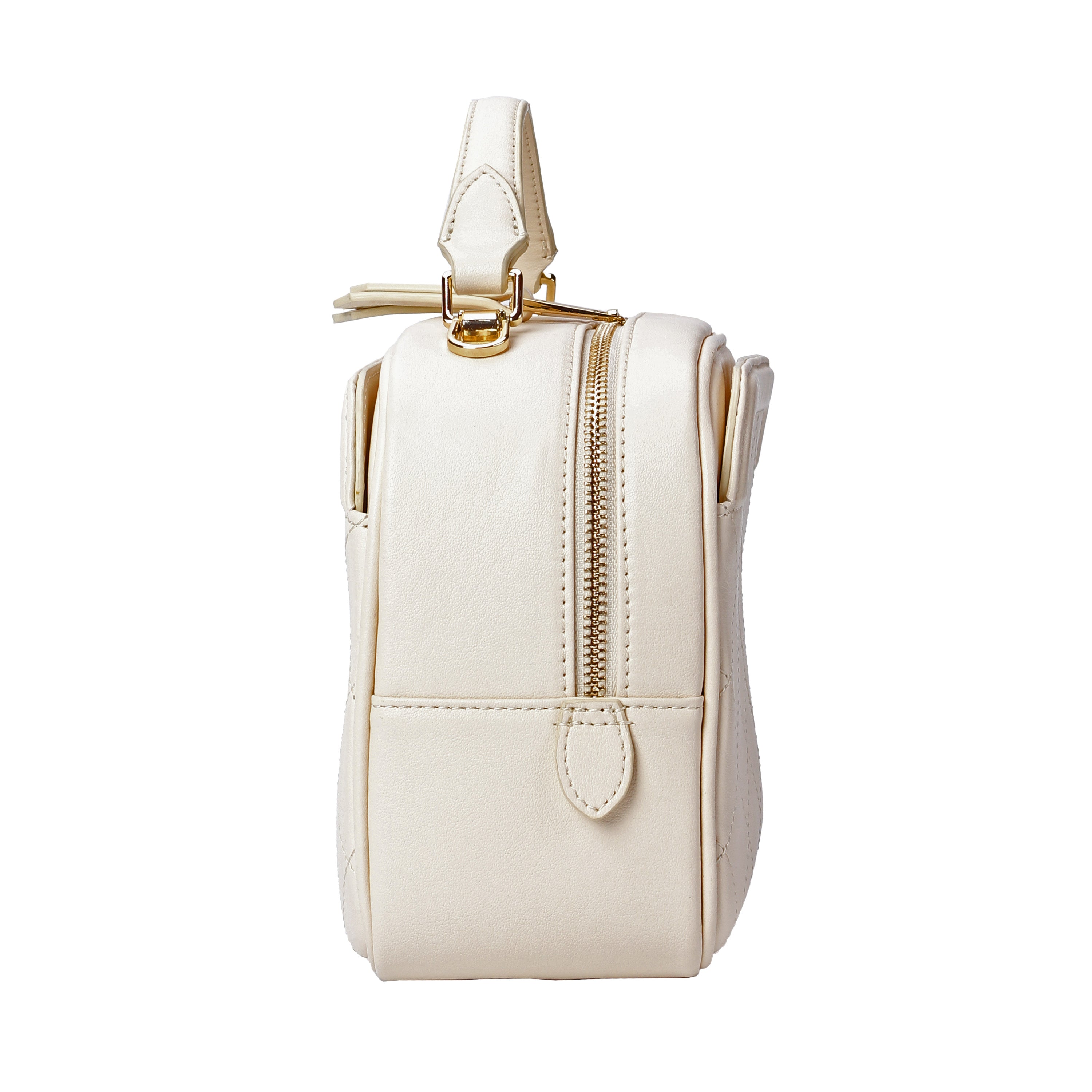 Side view of ivory leather crossbody camera bag with top zipper