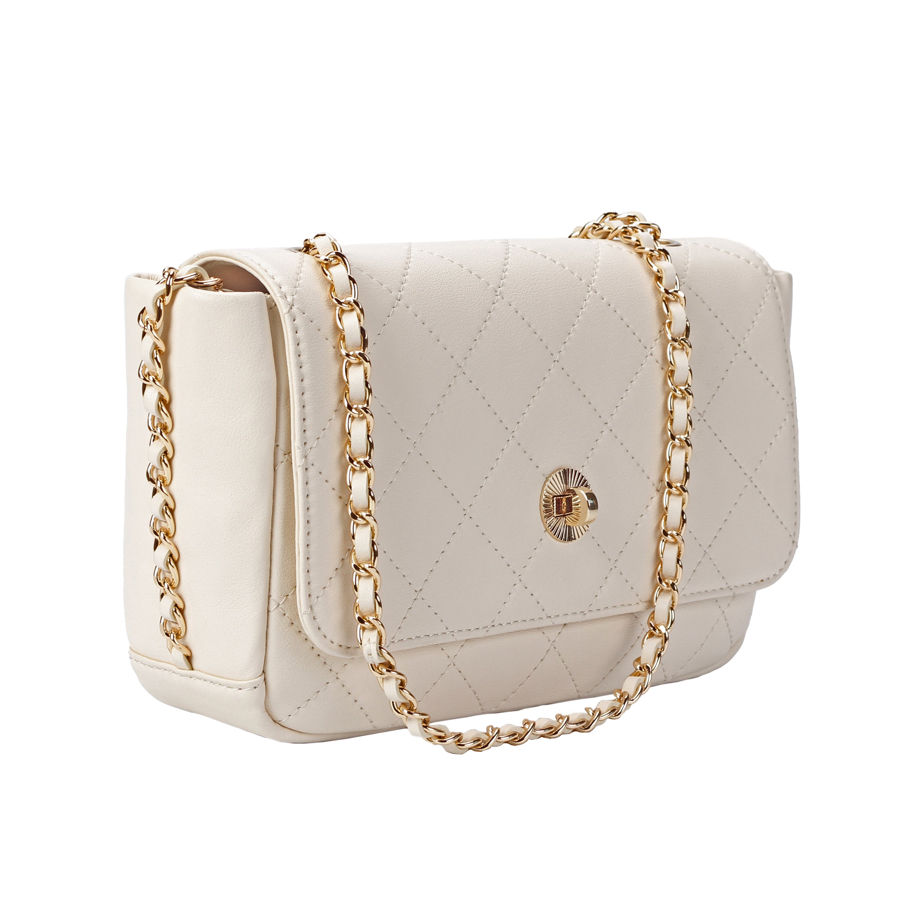 Angled side view of ivory small leather shoulder bag with flap cover
