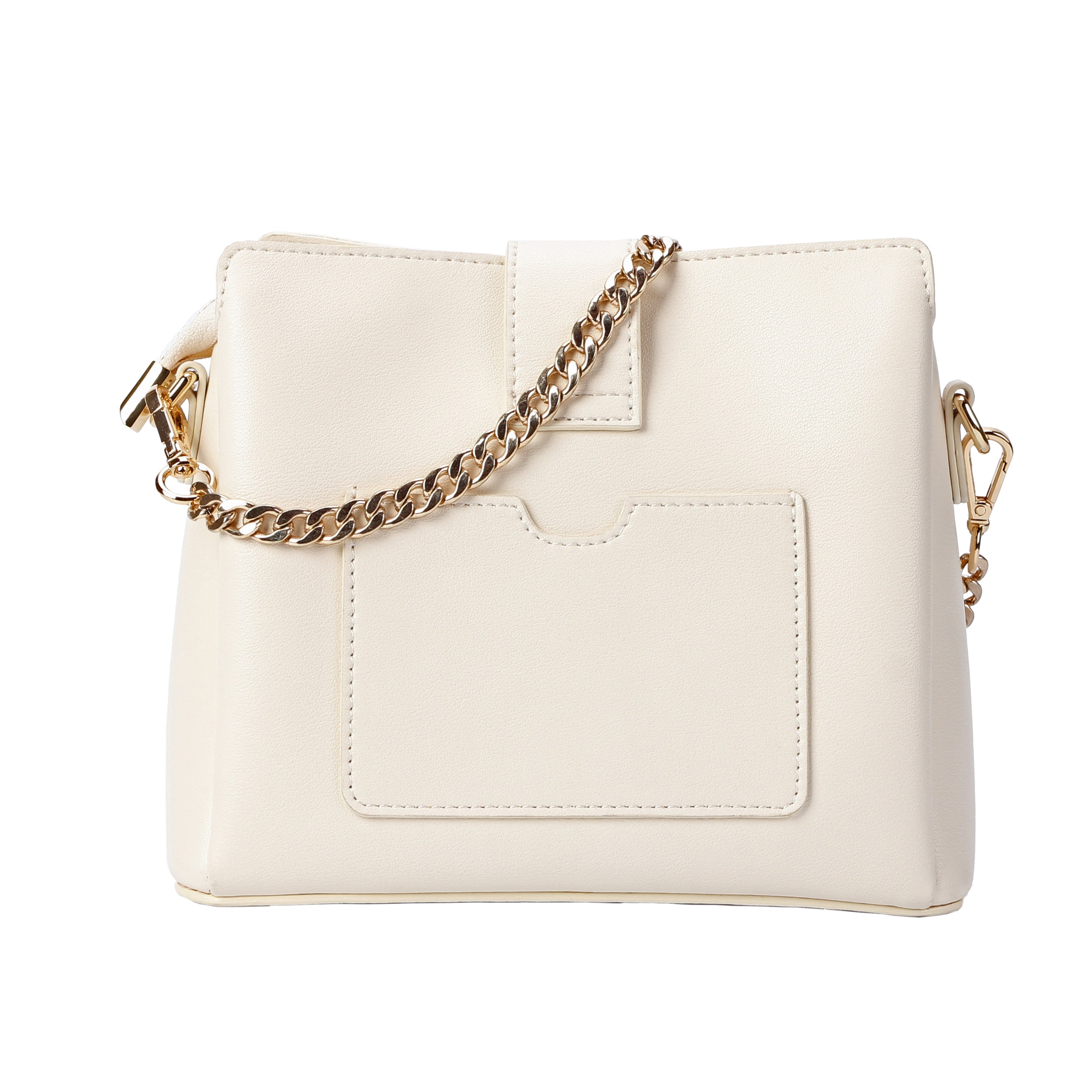 Back view of ivory quilted leather crossbody bag with exterior pocket