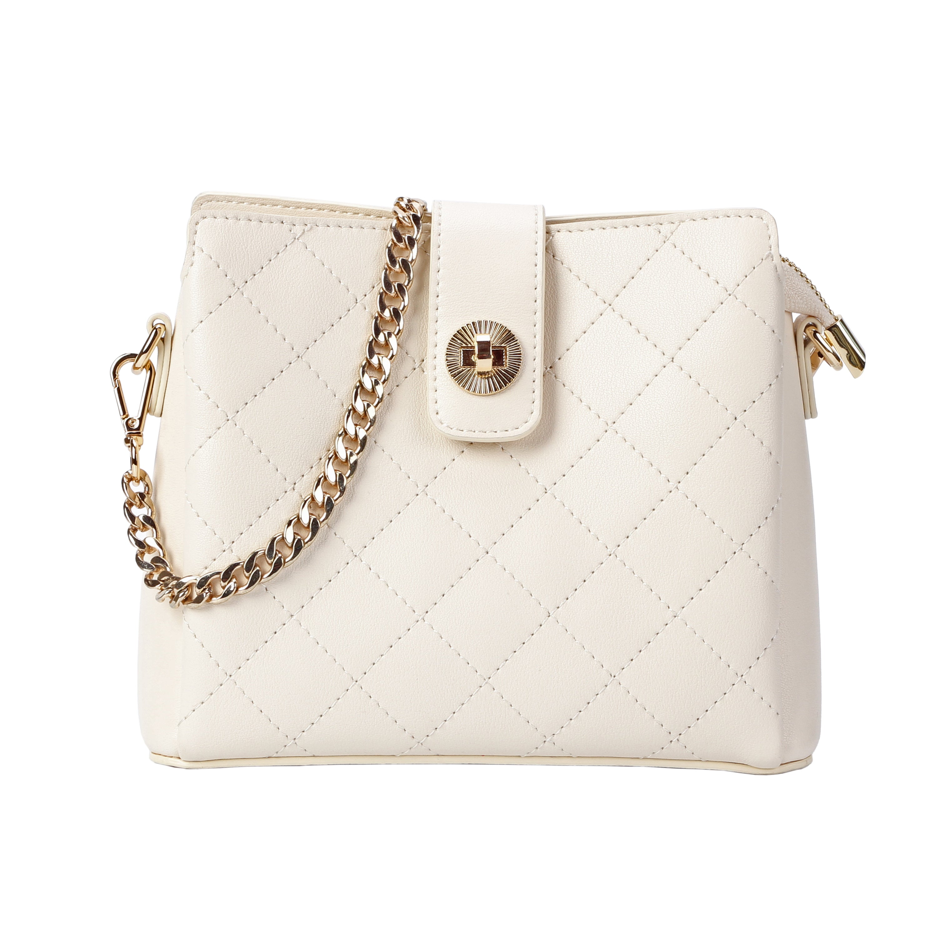 Front view of ivory quilted leather crossbody bag with gold chain strap