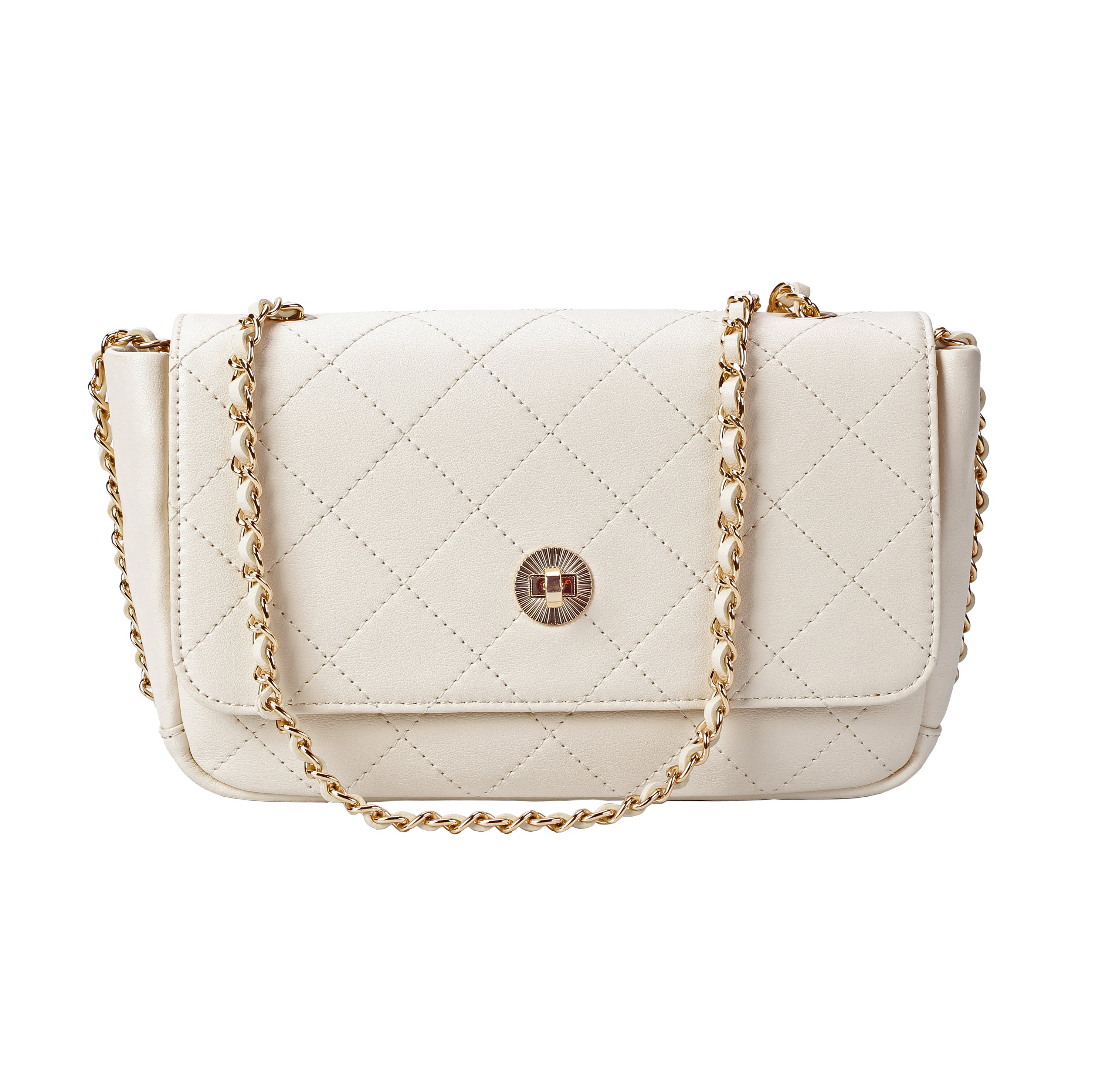 Front view of ivory quilted leather crossbody bag with gold chain strap