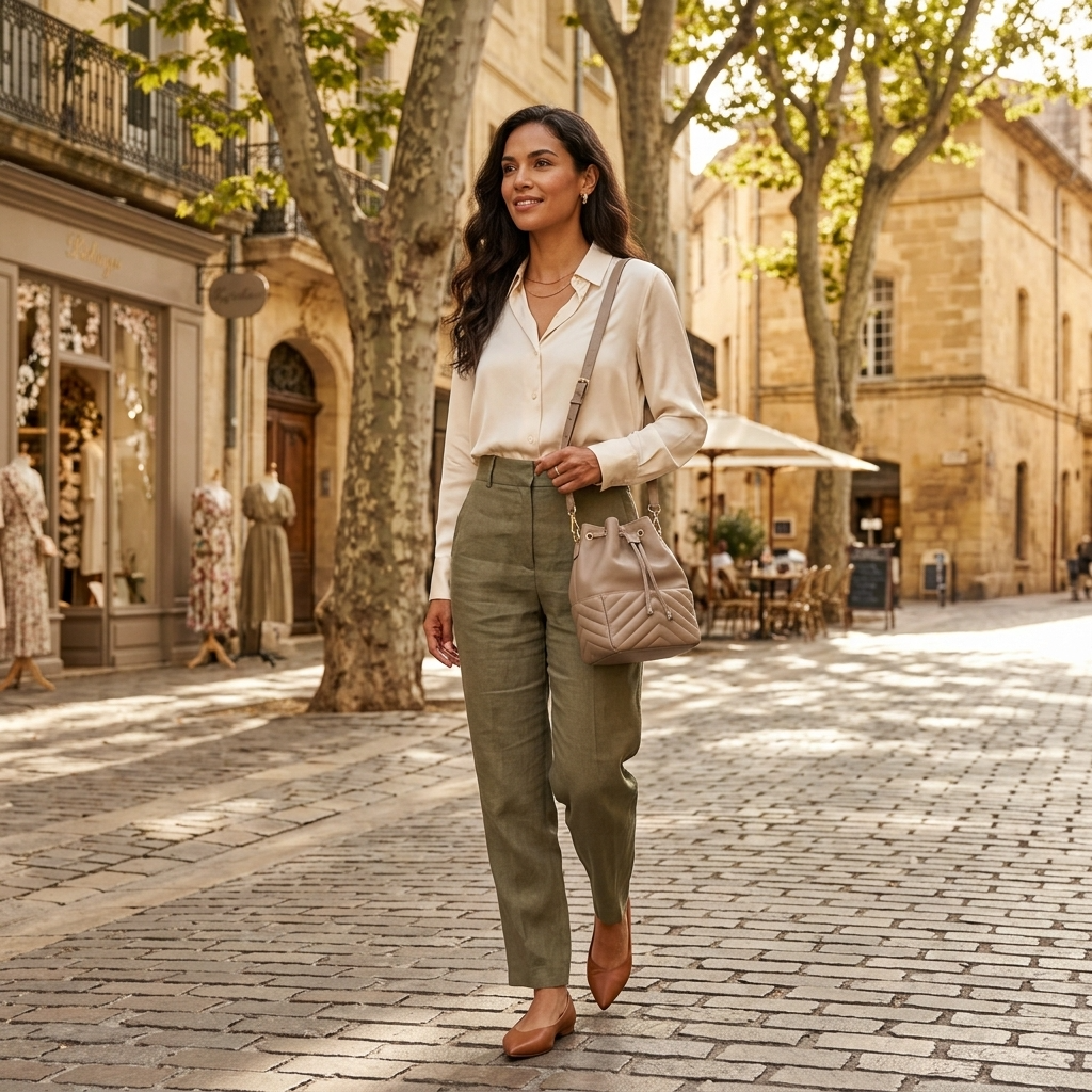 Woman carrying taupe lambskin bucket bag as a shoulder bag