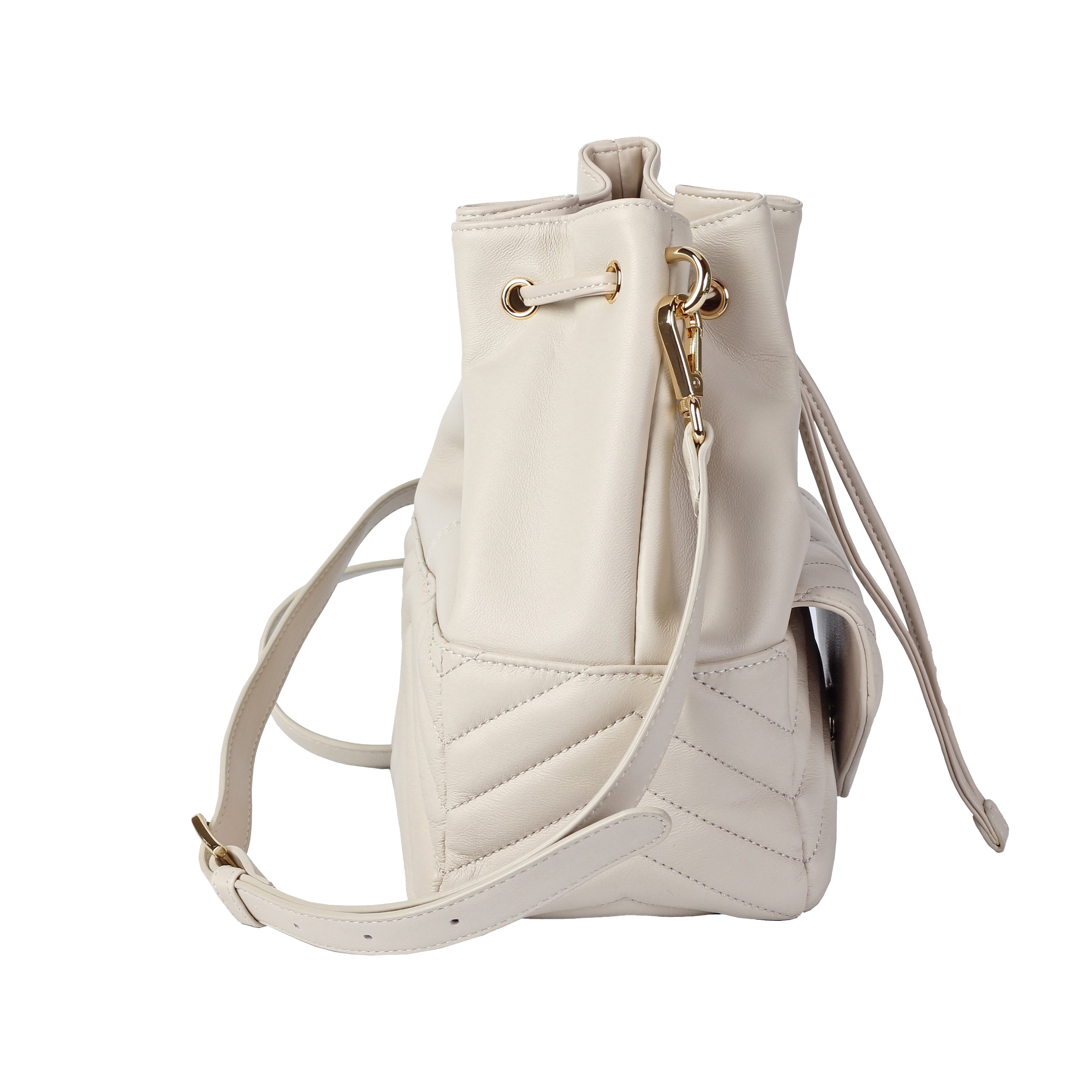 Side view of ivory lambskin bucket bag showing smooth texture and gold hardware