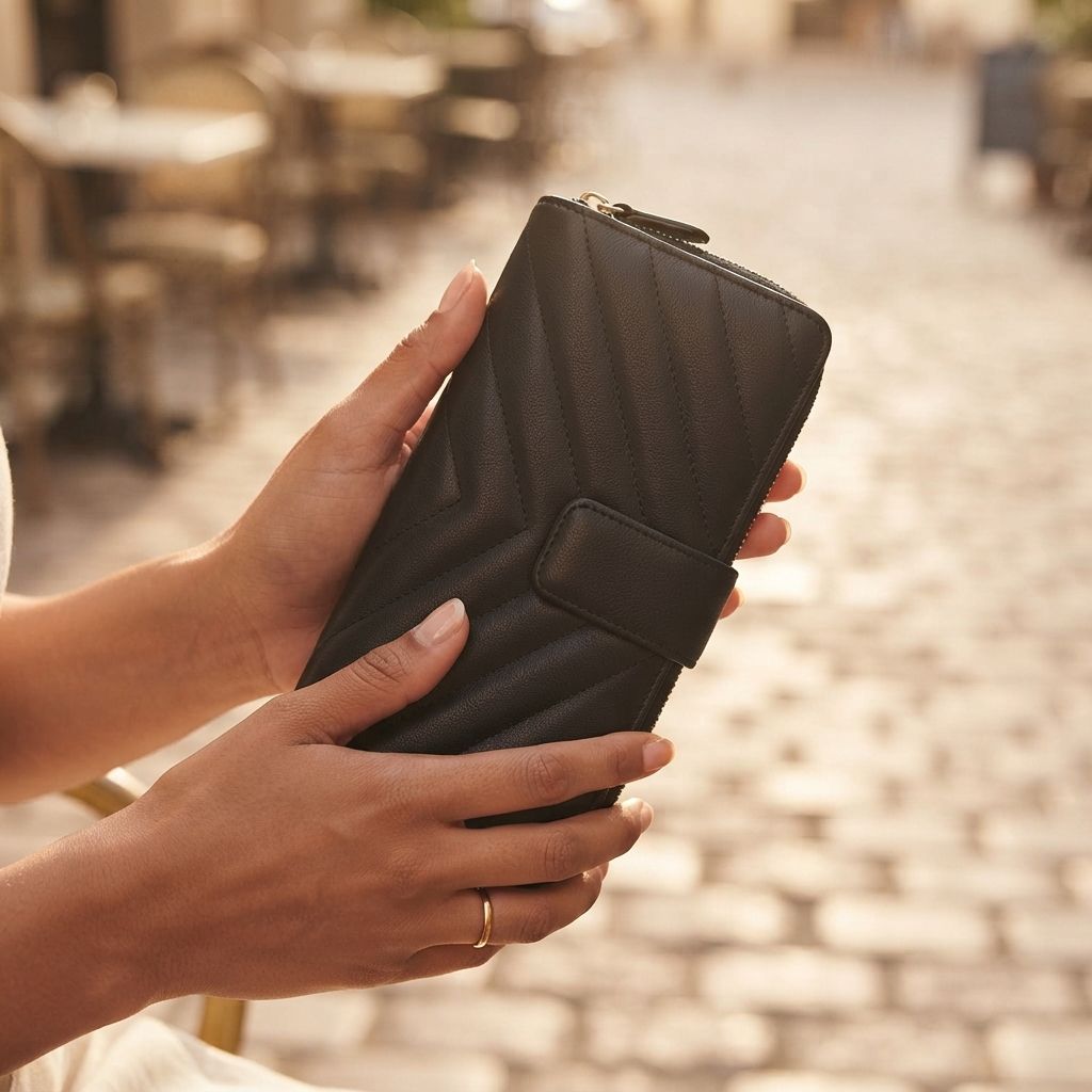 A person holds a black quilted zip-around new zealand lambskin wallet in both hands