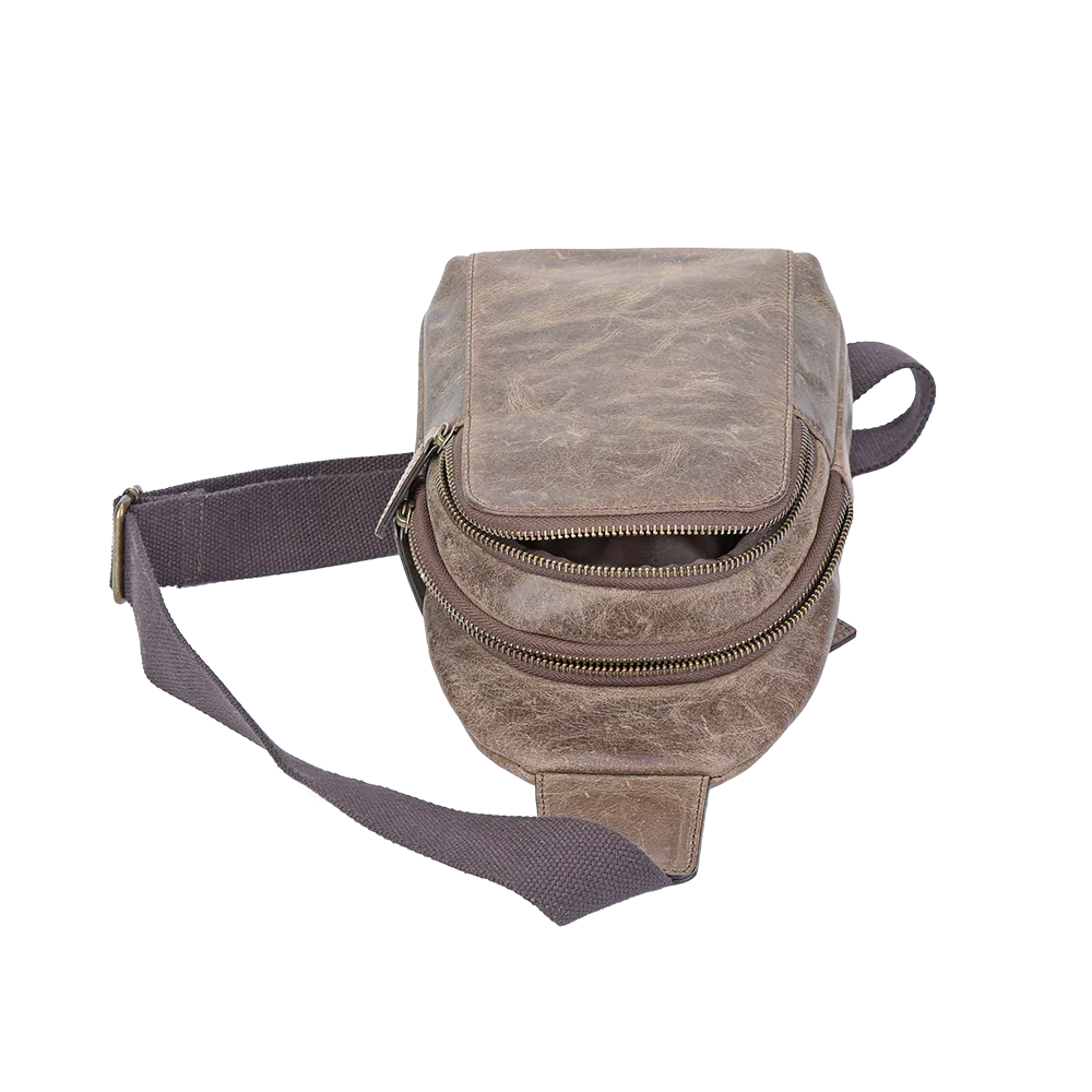 Crazy Horse Leather Sling Bag Small Version – Brown Full-Grain Crossbody for Men Gifts brown leather crossbody crazy horse leather sling bag distressed leather sling genuine cowhide bag men’s leather chest bag Miami Leathers New Arrivals rustic leather bag Sling Bag small sling bag travel sling pack vintage leather sling