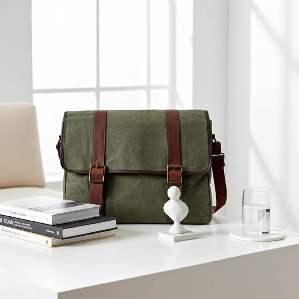 Waxed canvas messenger bag with full-grain leather trim – fits 16-inch laptop