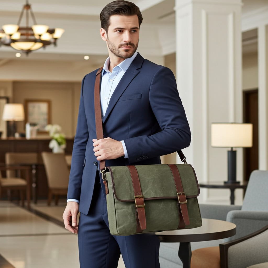 Waxed canvas messenger bag with full-grain leather trim – fits 16-inch laptop