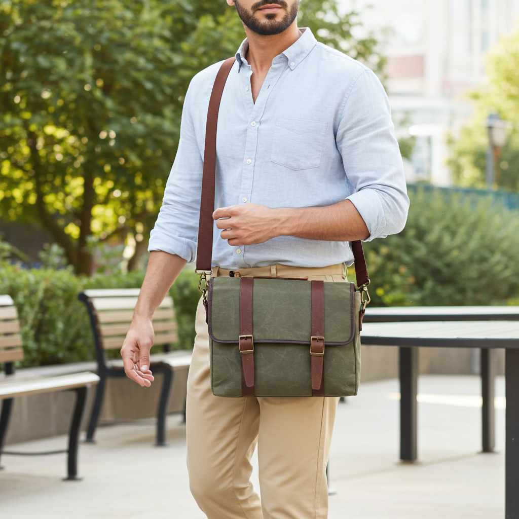 Waxed canvas messenger bag with full-grain leather trim – fits 16-inch laptop