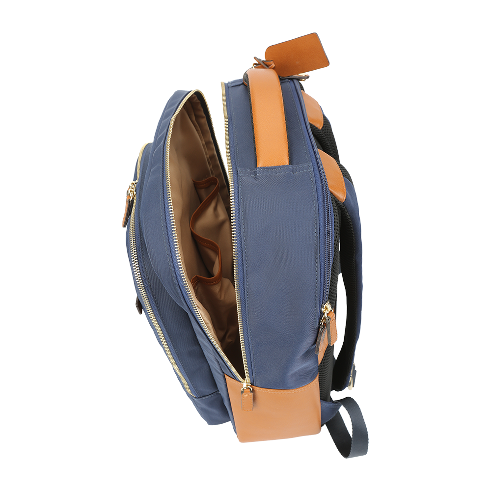 Men’s lightweight navy nylon and leather travel backpack for work and commuting