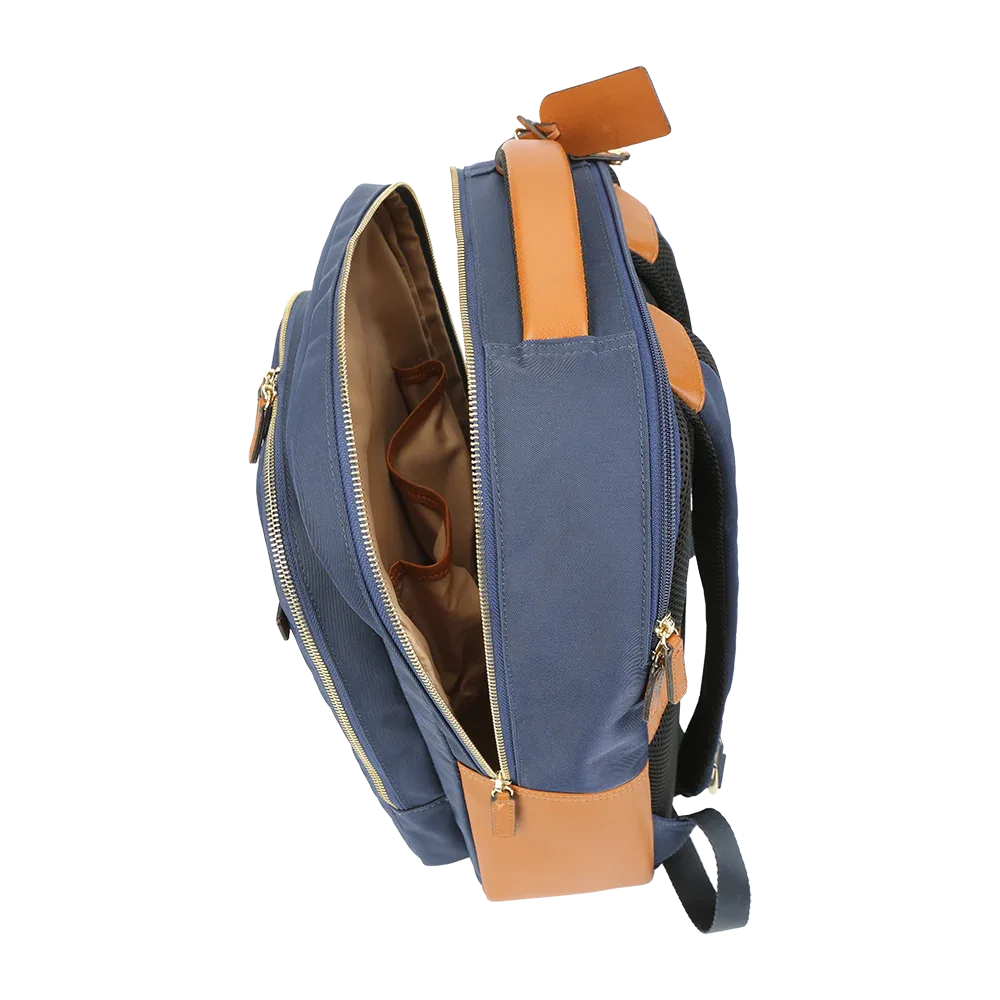 Nylon & Leather Laptop Backpack – Navy with Brown Trim (16") Luggage & Bags Backpack Backpack Purse Backpacks business travel backpack durable nylon backpack leather accent backpack leather backpack for men lightweight laptop backpack men’s work backpack Miami Leathers navy travel backpack New Arrivals nylon backpack nylon backpack leather trim nylon leather bag stylish men’s backpack