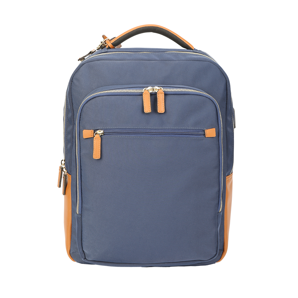 Front view of navy nylon laptop backpack with brown full-grain leather trim and three top zippers.