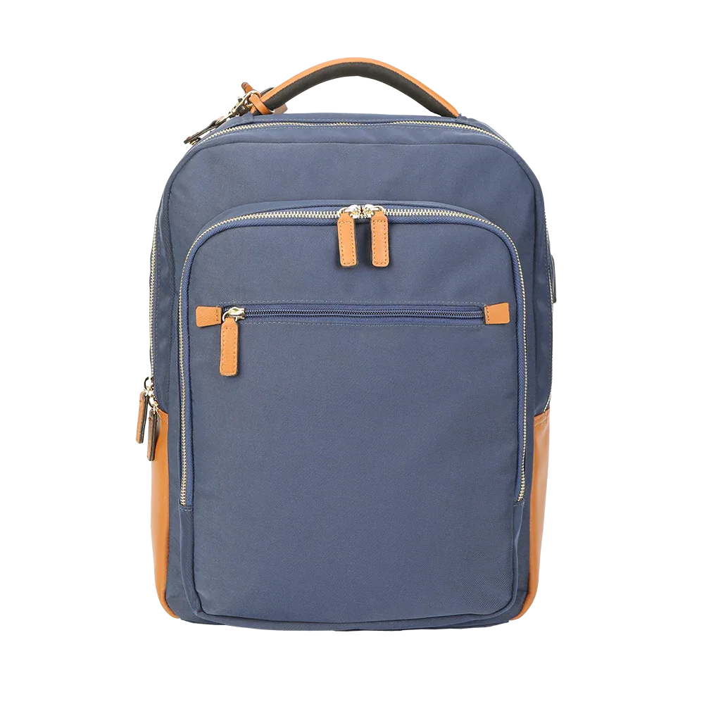 Nylon & Leather Laptop Backpack – Navy with Brown Trim (16") Luggage & Bags Backpack Backpack Purse Backpacks business travel backpack durable nylon backpack leather accent backpack leather backpack for men lightweight laptop backpack men’s work backpack Miami Leathers navy travel backpack New Arrivals nylon backpack nylon backpack leather trim nylon leather bag stylish men’s backpack