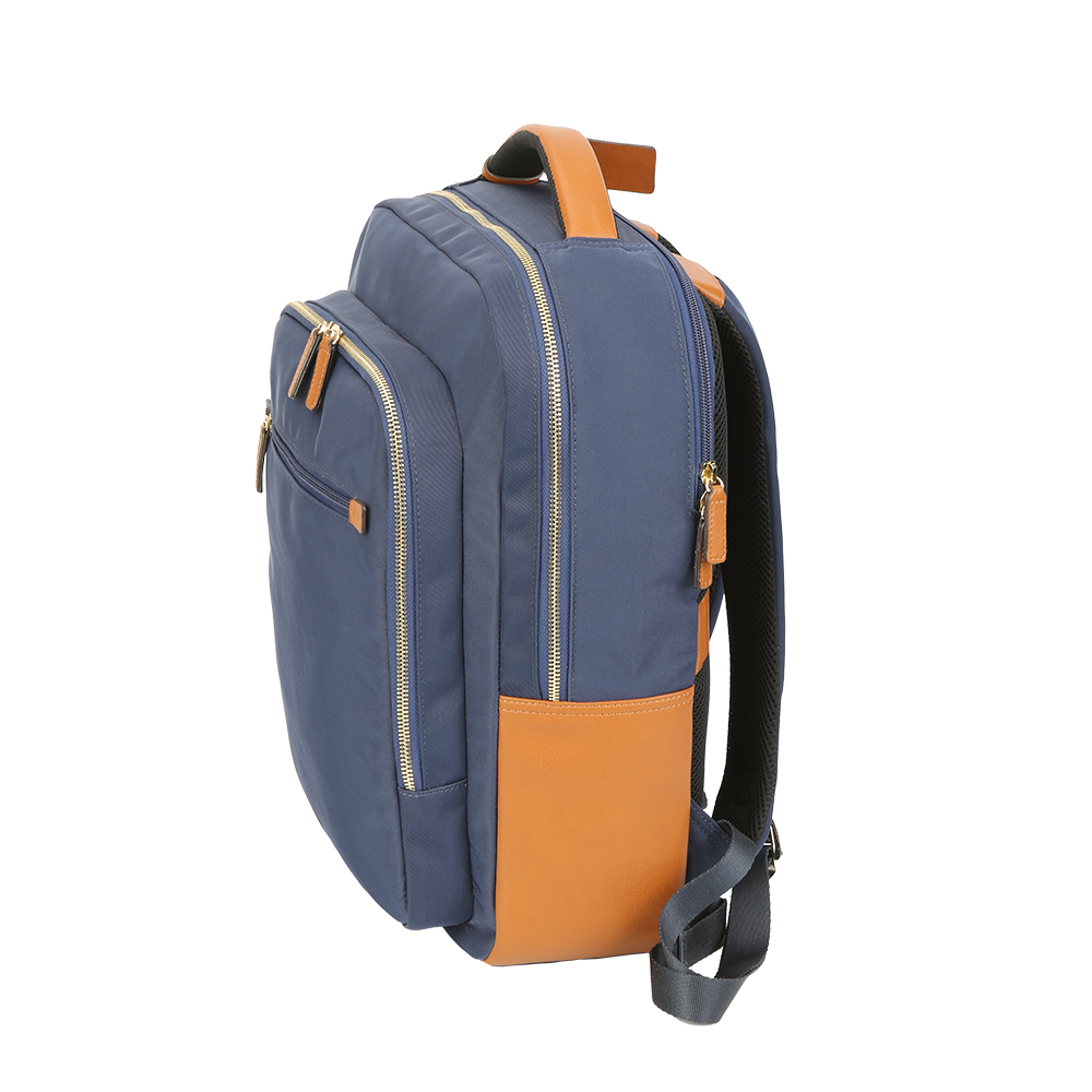 Side view of men’s navy nylon and leather backpack with adjustable straps.