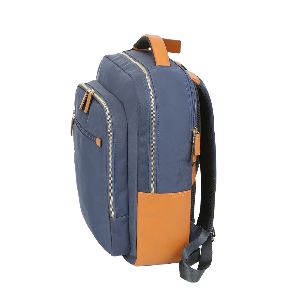 Nylon & Leather Laptop Backpack – Navy with Brown Trim (16") Luggage & Bags Backpack Backpack Purse Backpacks business travel backpack durable nylon backpack leather accent backpack leather backpack for men lightweight laptop backpack men’s work backpack Miami Leathers navy travel backpack New Arrivals nylon backpack nylon backpack leather trim nylon leather bag stylish men’s backpack