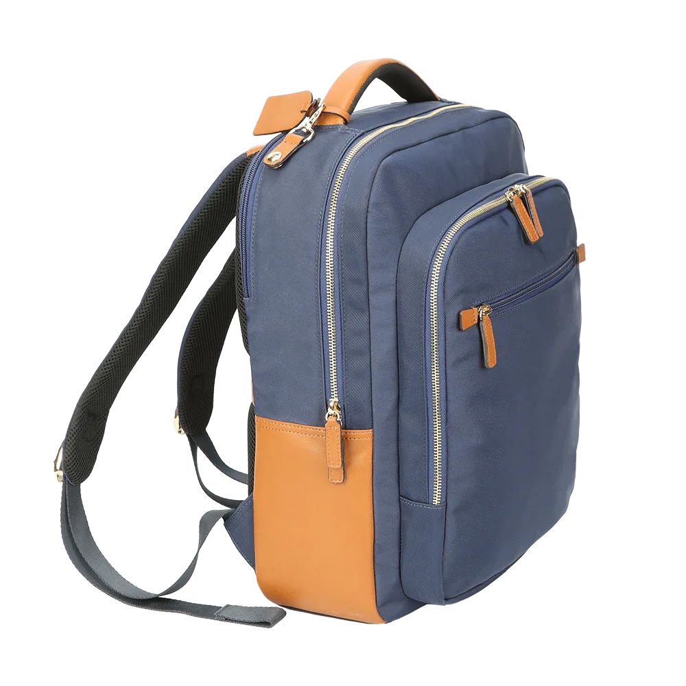 Nylon & Leather Laptop Backpack – Navy with Brown Trim (16") Luggage & Bags Backpack Backpack Purse Backpacks business travel backpack durable nylon backpack leather accent backpack leather backpack for men lightweight laptop backpack men’s work backpack Miami Leathers navy travel backpack New Arrivals nylon backpack nylon backpack leather trim nylon leather bag stylish men’s backpack