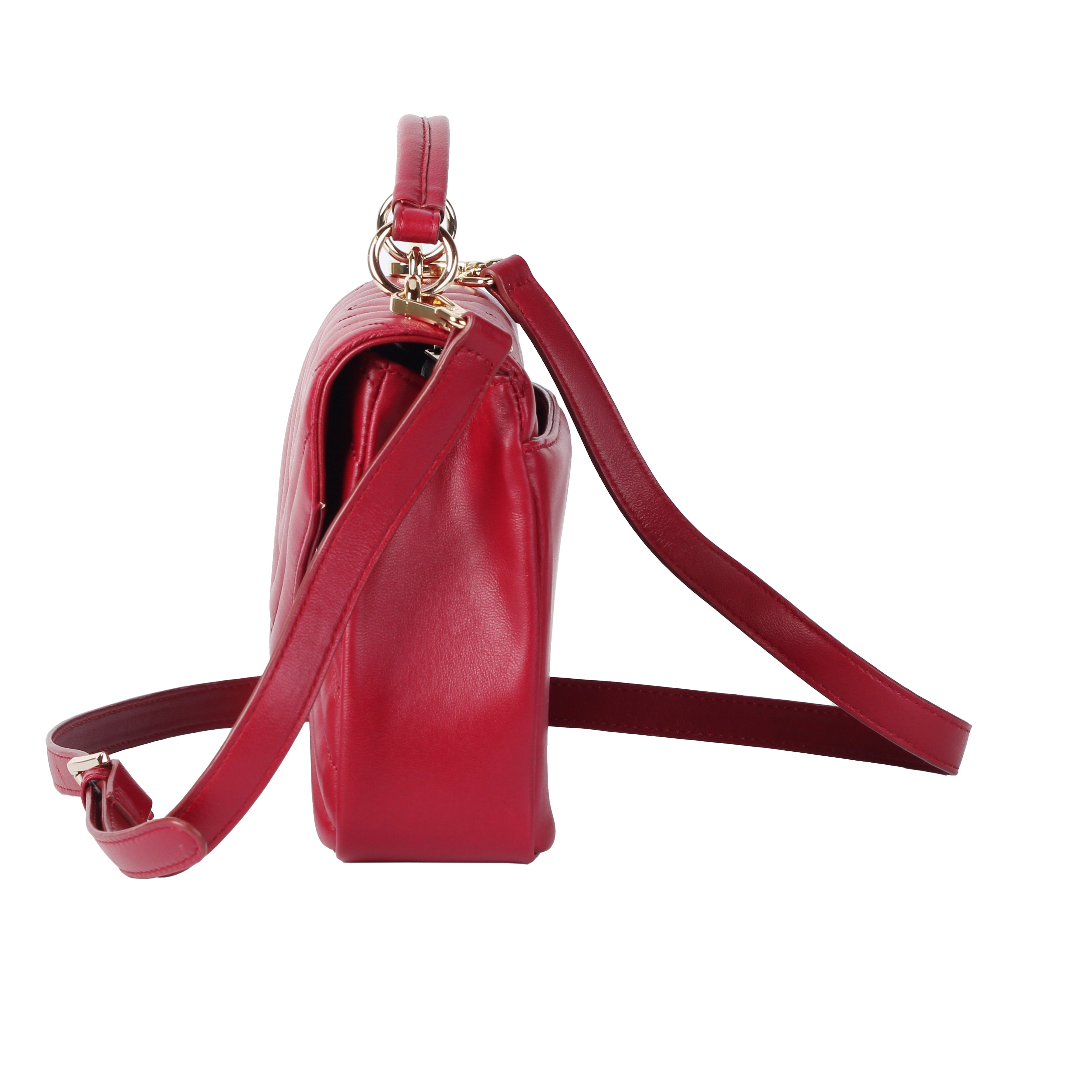 ide view of red soft lambskin shoulder bag with adjustable strap