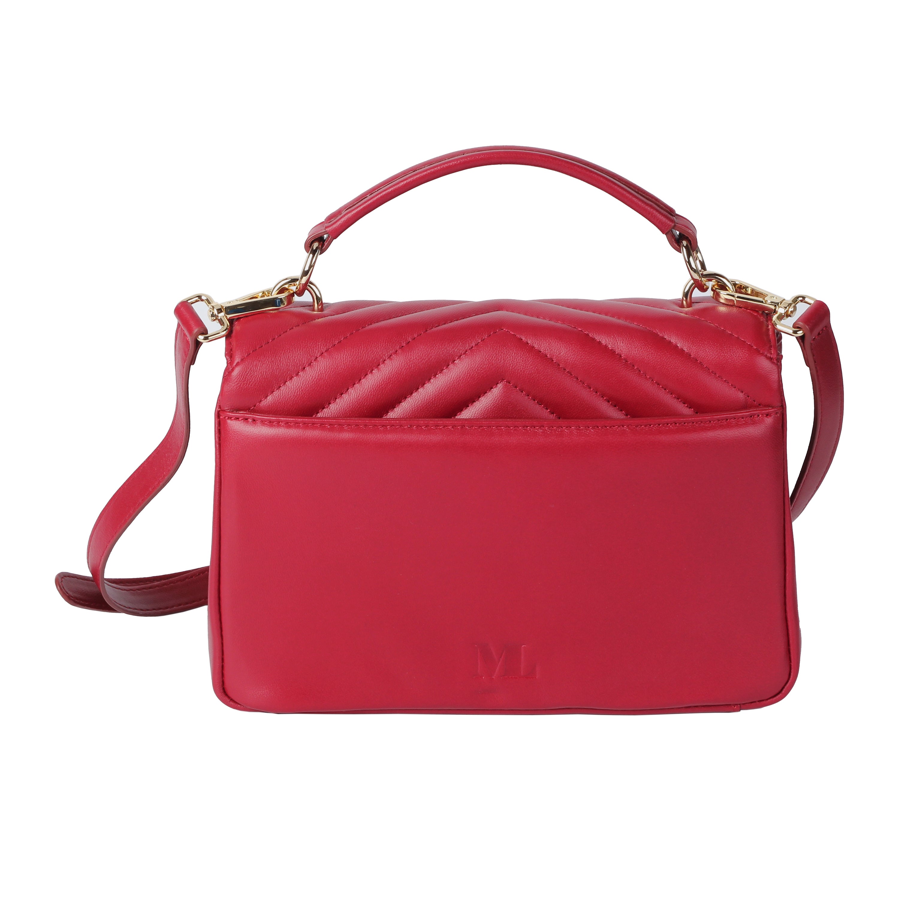 back view of red lambskin flap crossbody bag with quilted design and gold hardware