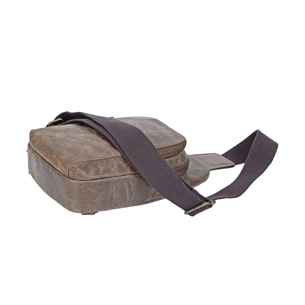 Crazy Horse Leather Sling Bag Small Version – Brown Full-Grain Crossbody for Men Gifts brown leather crossbody crazy horse leather sling bag distressed leather sling genuine cowhide bag men’s leather chest bag Miami Leathers New Arrivals rustic leather bag Sling Bag small sling bag travel sling pack vintage leather sling
