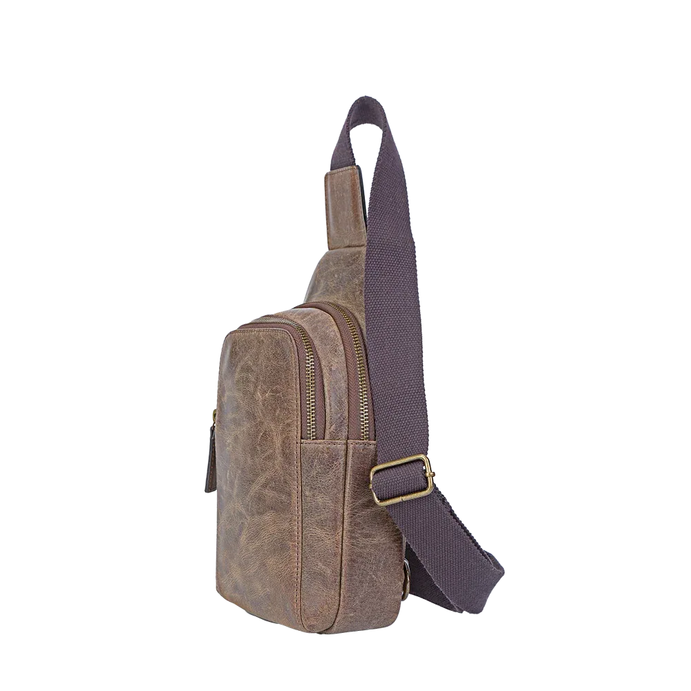 Crazy Horse Leather Sling Bag Small Version – Brown Full-Grain Crossbody for Men Gifts brown leather crossbody crazy horse leather sling bag distressed leather sling genuine cowhide bag men’s leather chest bag Miami Leathers New Arrivals rustic leather bag Sling Bag small sling bag travel sling pack vintage leather sling
