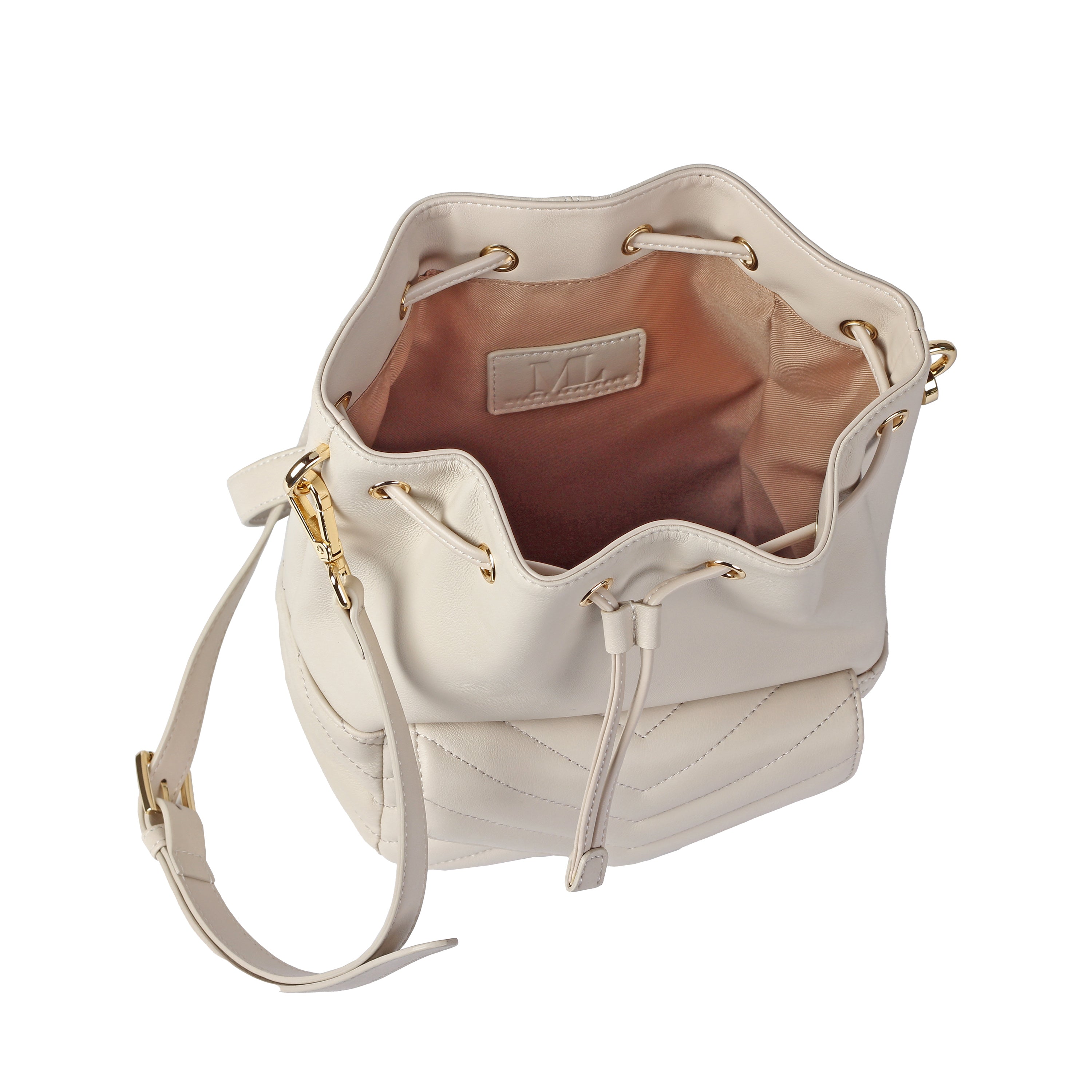 Collection of soft lambskin bucket bags in red, black, taupe, and ivory