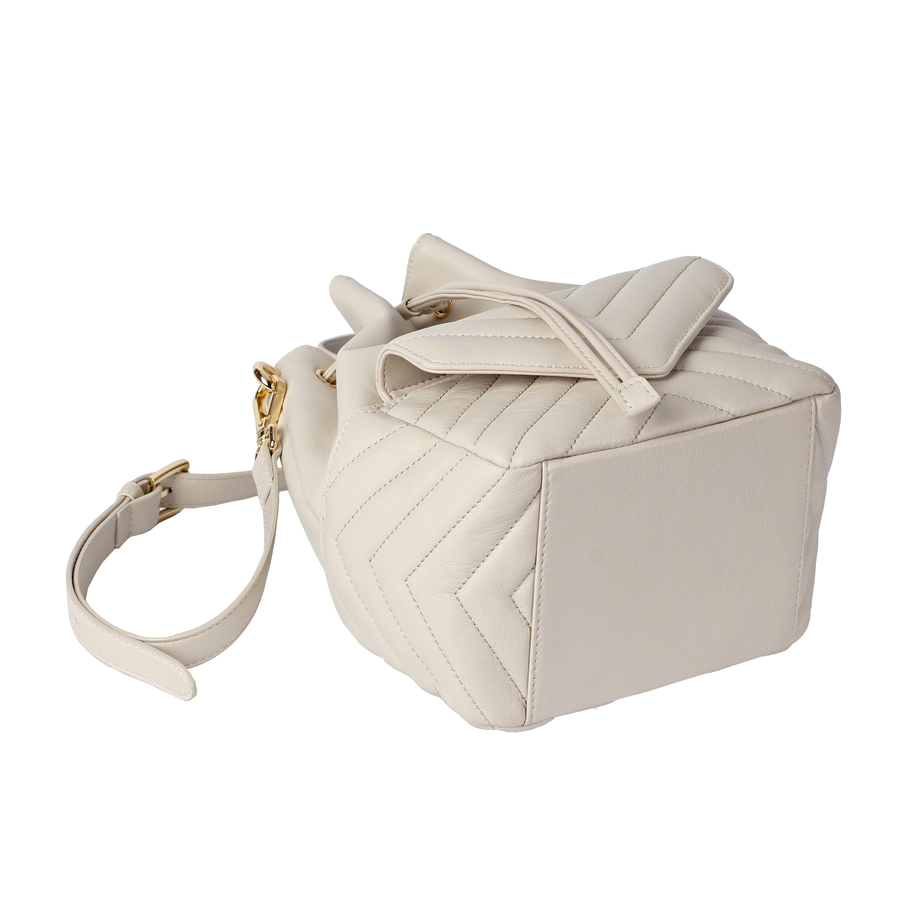 Bottom view of ivory soft lambskin bucket bag with striped embroidery and drawstring closure