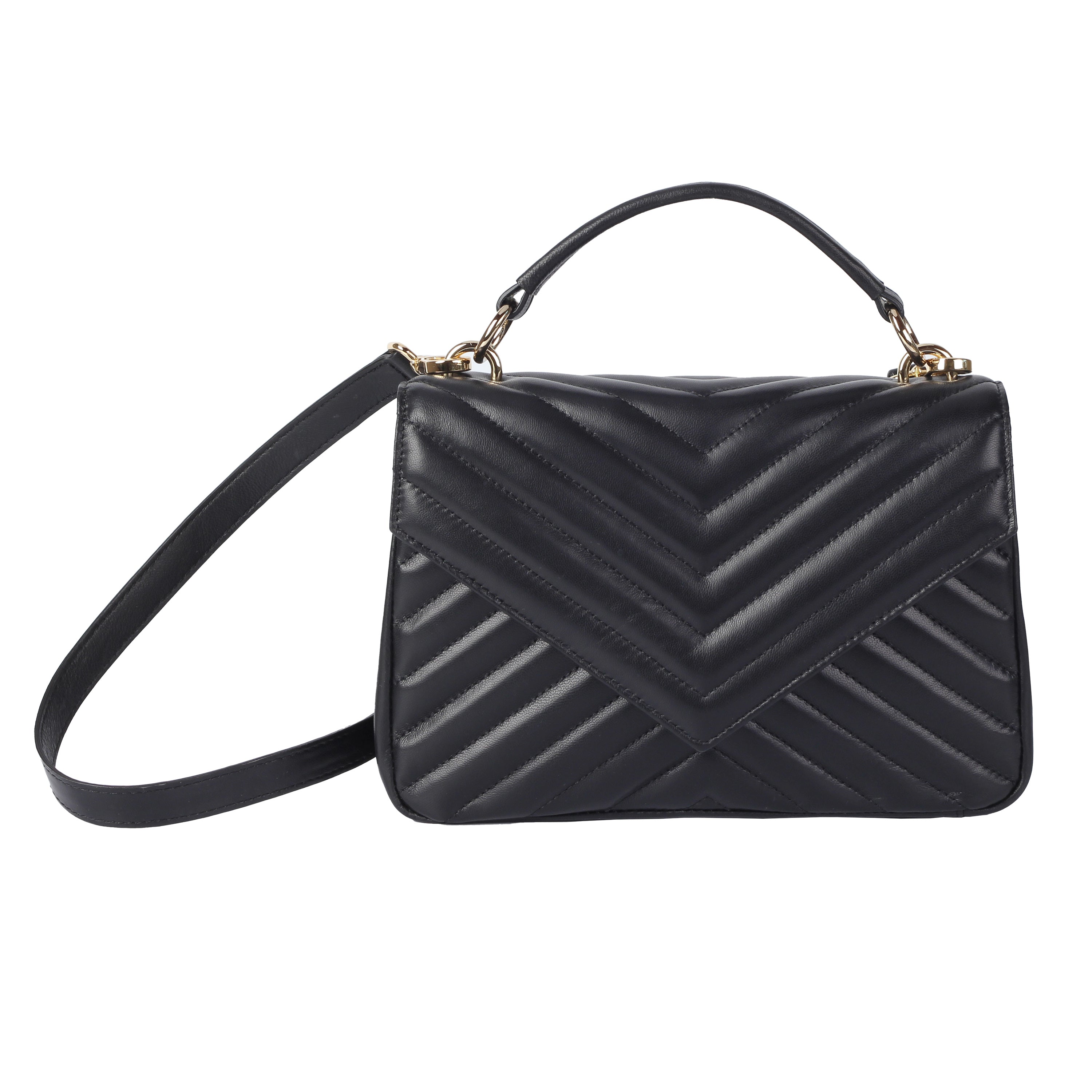 Front view of black lambskin flap crossbody bag with quilted design and gold hardware