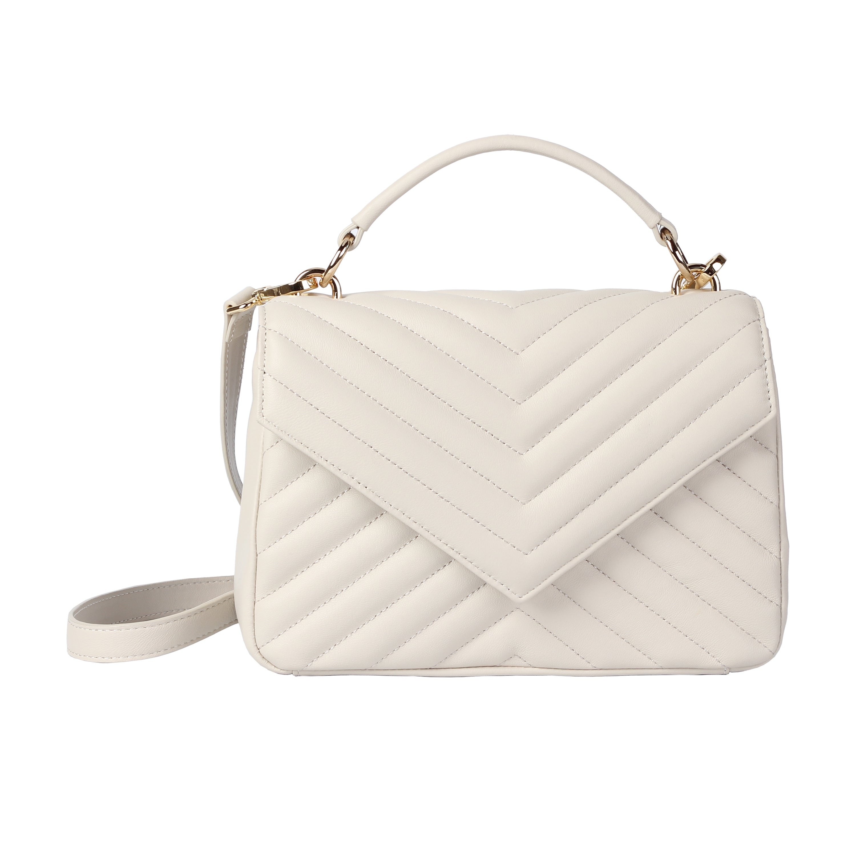 Front view of ivory lambskin flap crossbody bag with quilted design and gold hardware
