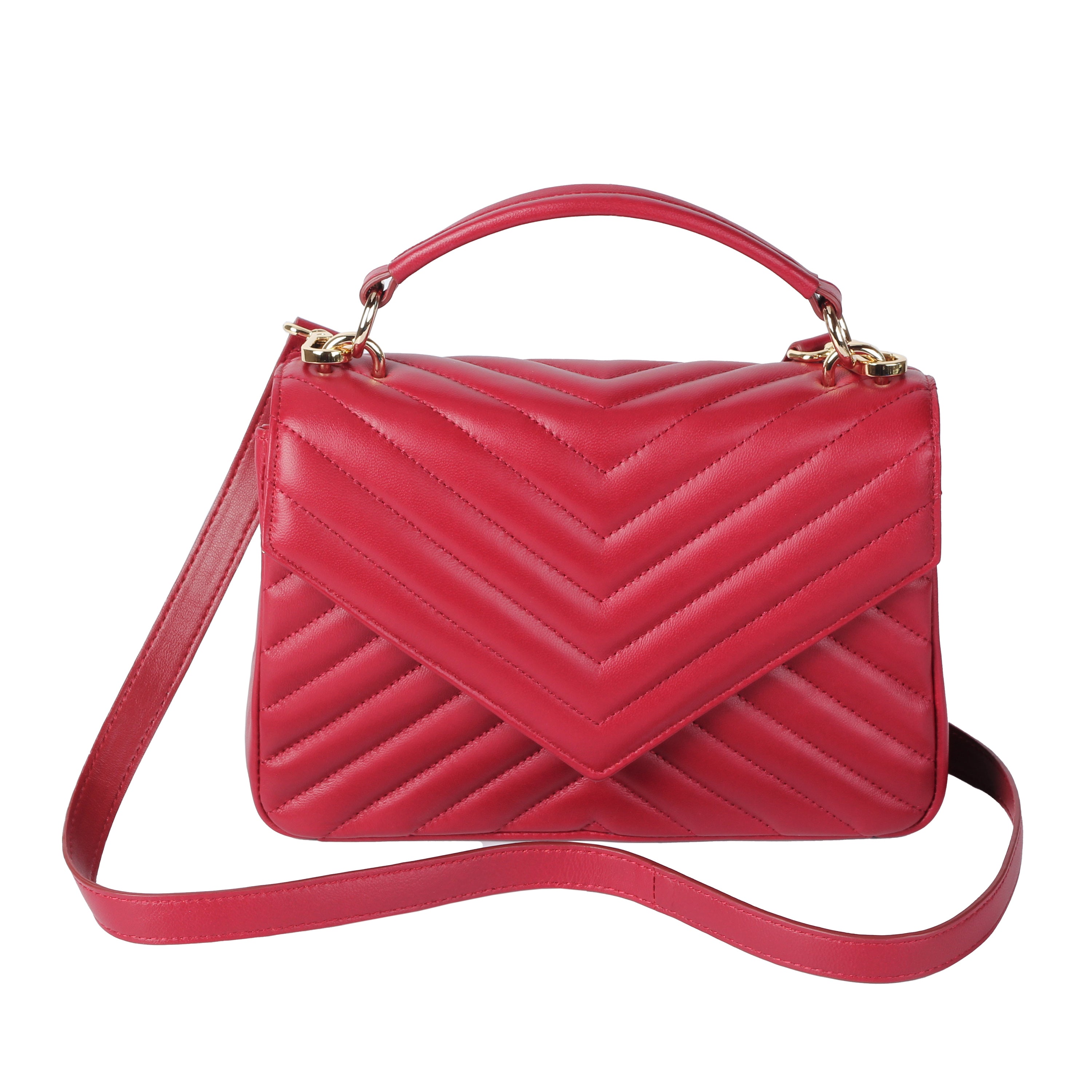 Front view of red lambskin flap crossbody bag with quilted design and gold hardware