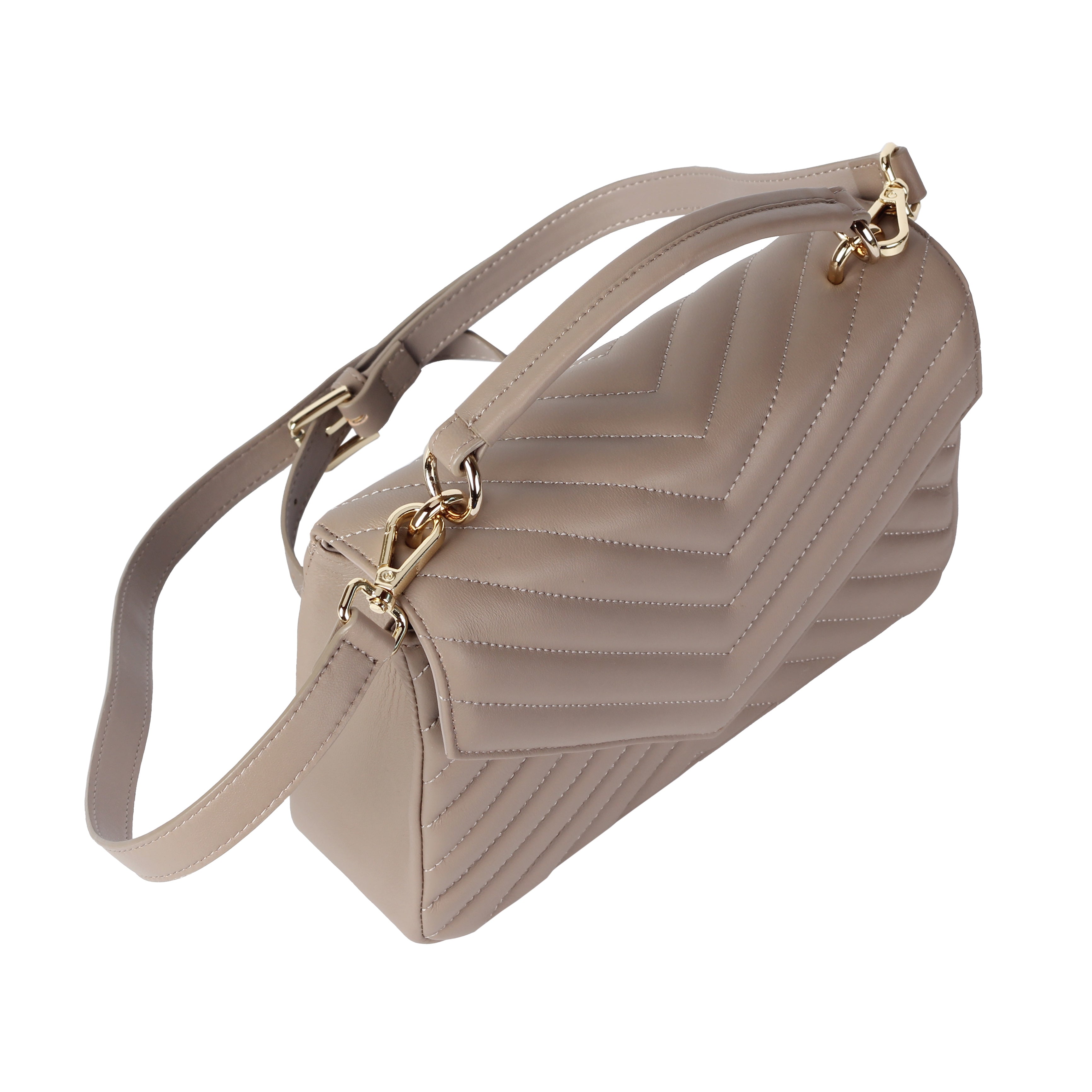 Front view of taupe lambskin flap crossbody bag with quilted design and gold hardware