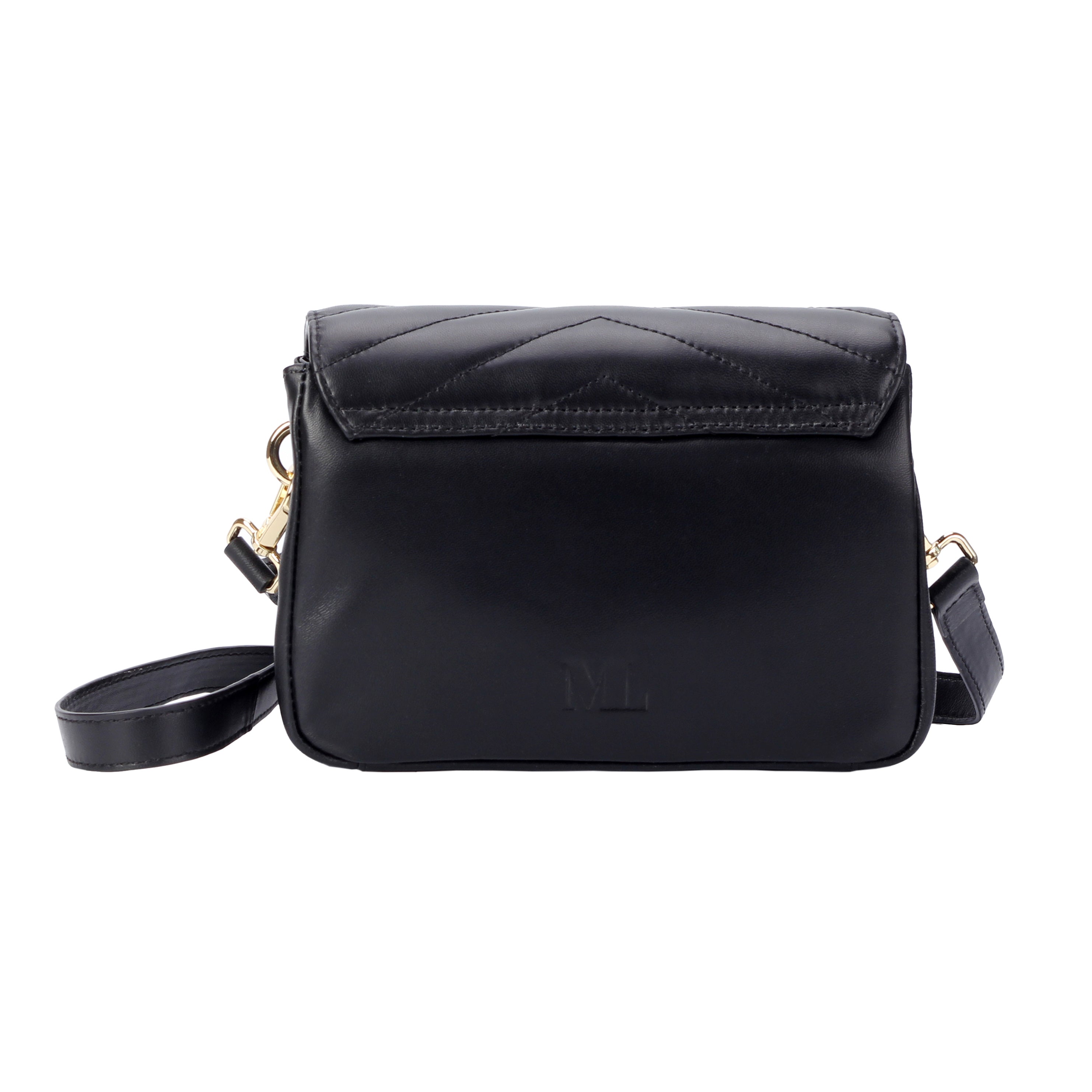 Back view of black soft lambskin mini crossbody bag with quilted design and gold hardware