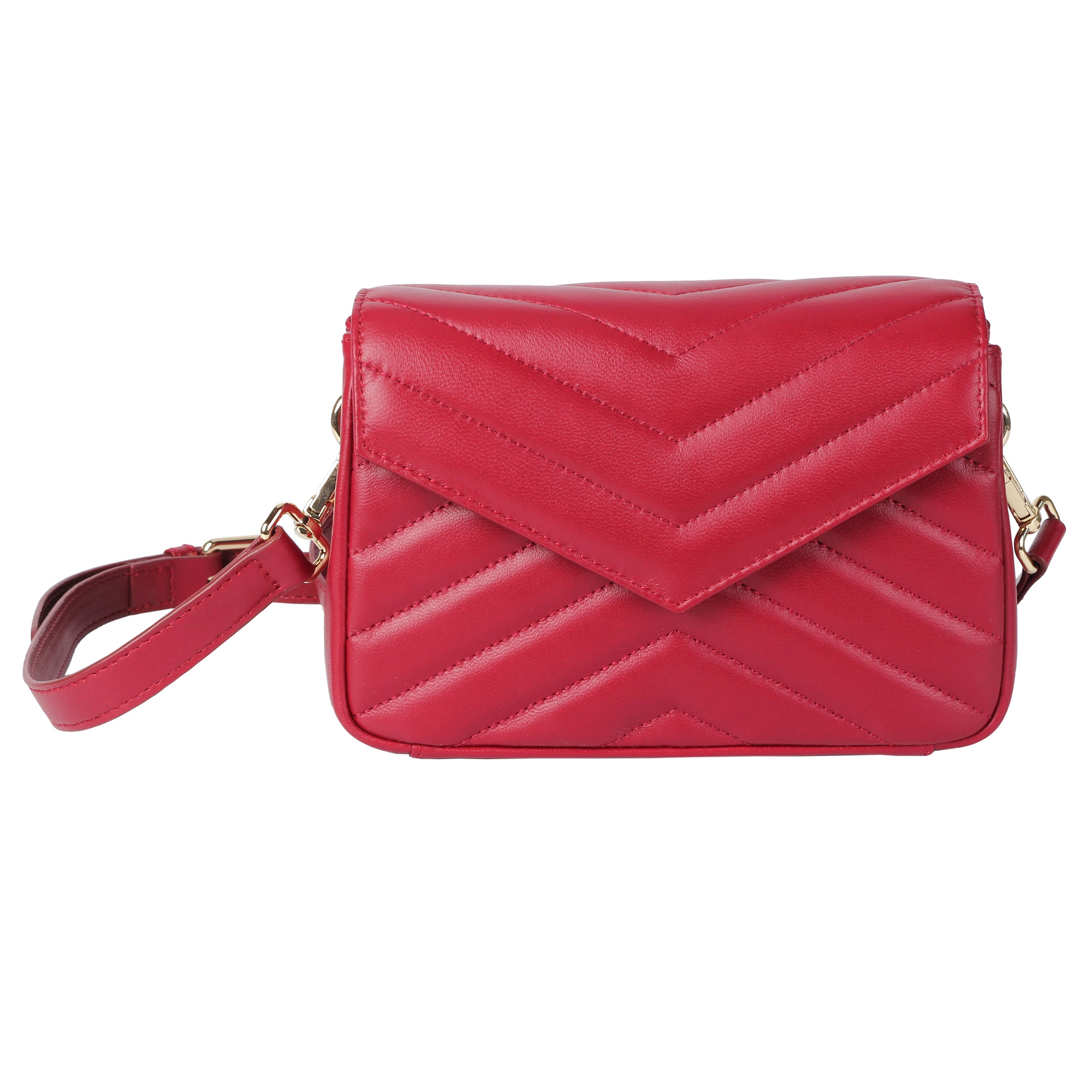 Front view of black soft lambskin mini crossbody bag with quilted design and gold hardware