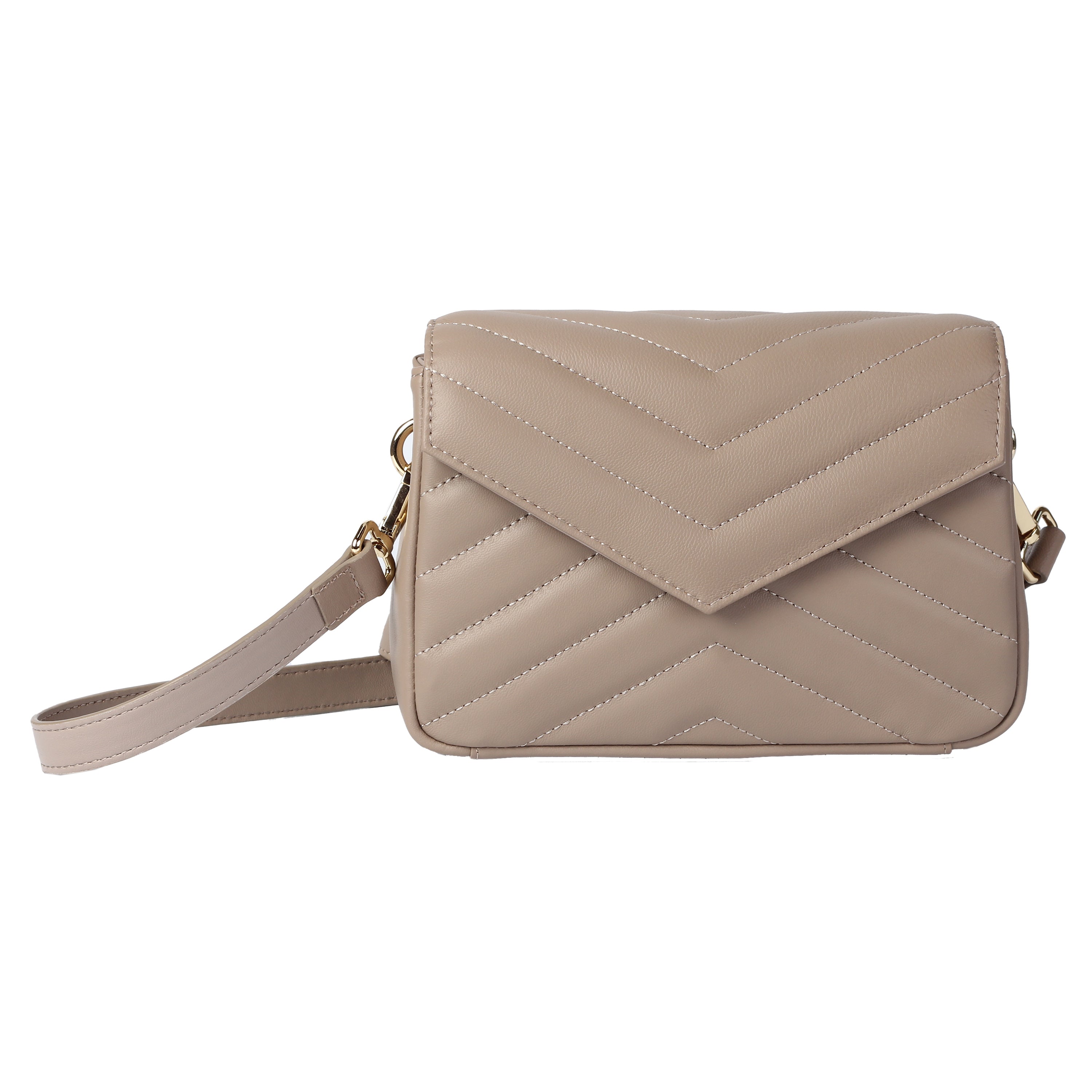 Front view of taupe soft lambskin mini crossbody bag with quilted design and gold hardware