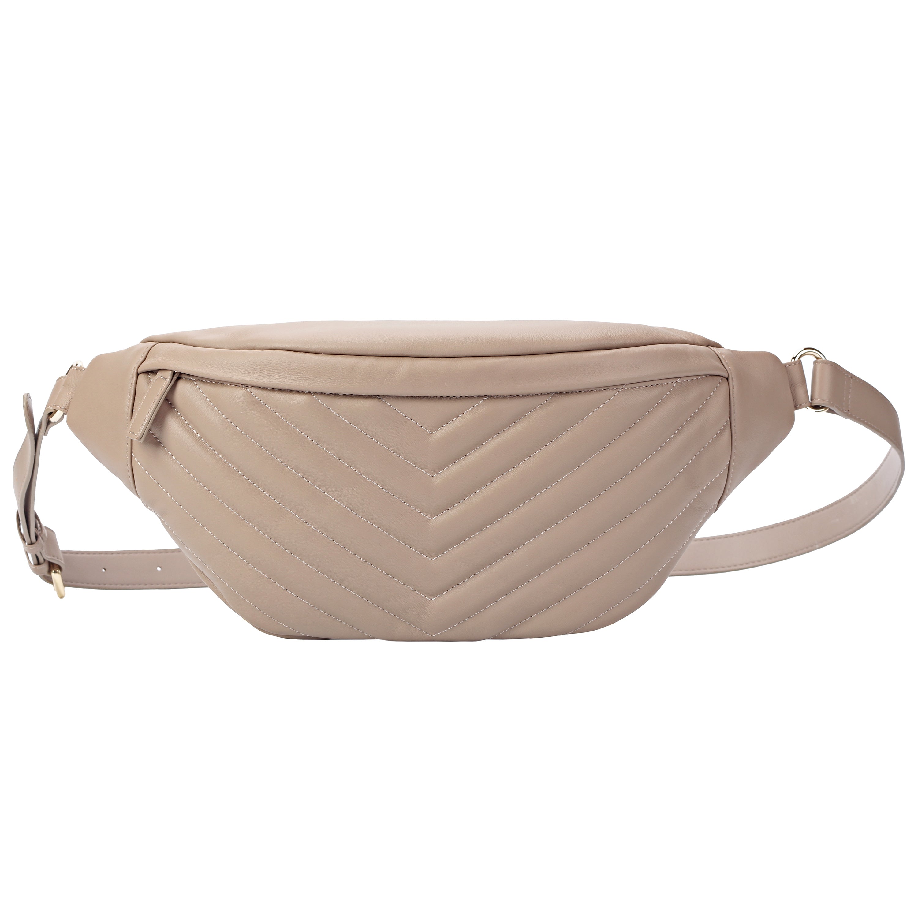 front view of ivory lambskin waist bag with quilted embroidery and zipper to