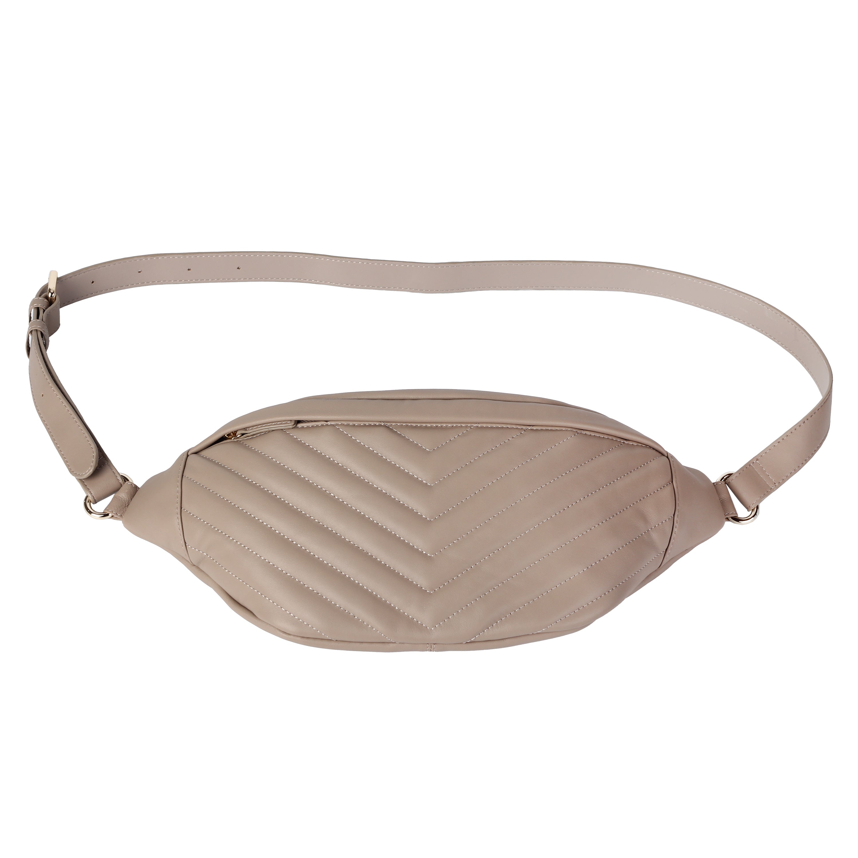 front view of taupe lambskin waist bag with quilted embroidery and zipper top