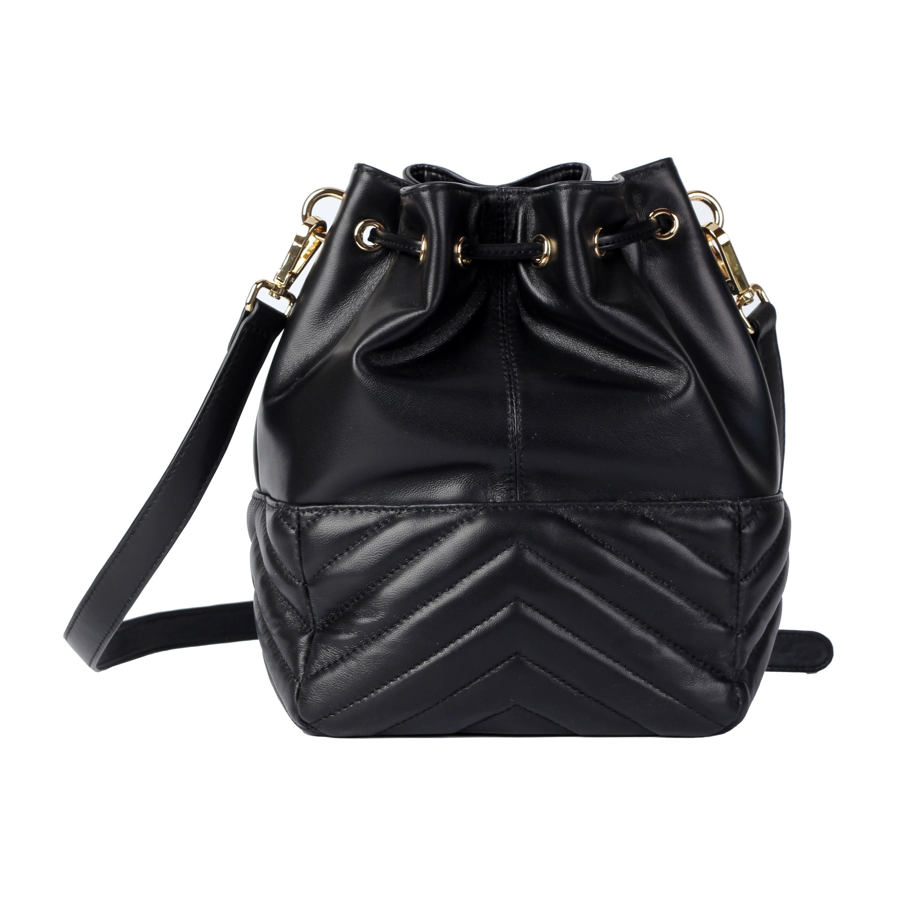 Front view of black soft lambskin bucket bag with striped embroidery and drawstring closure